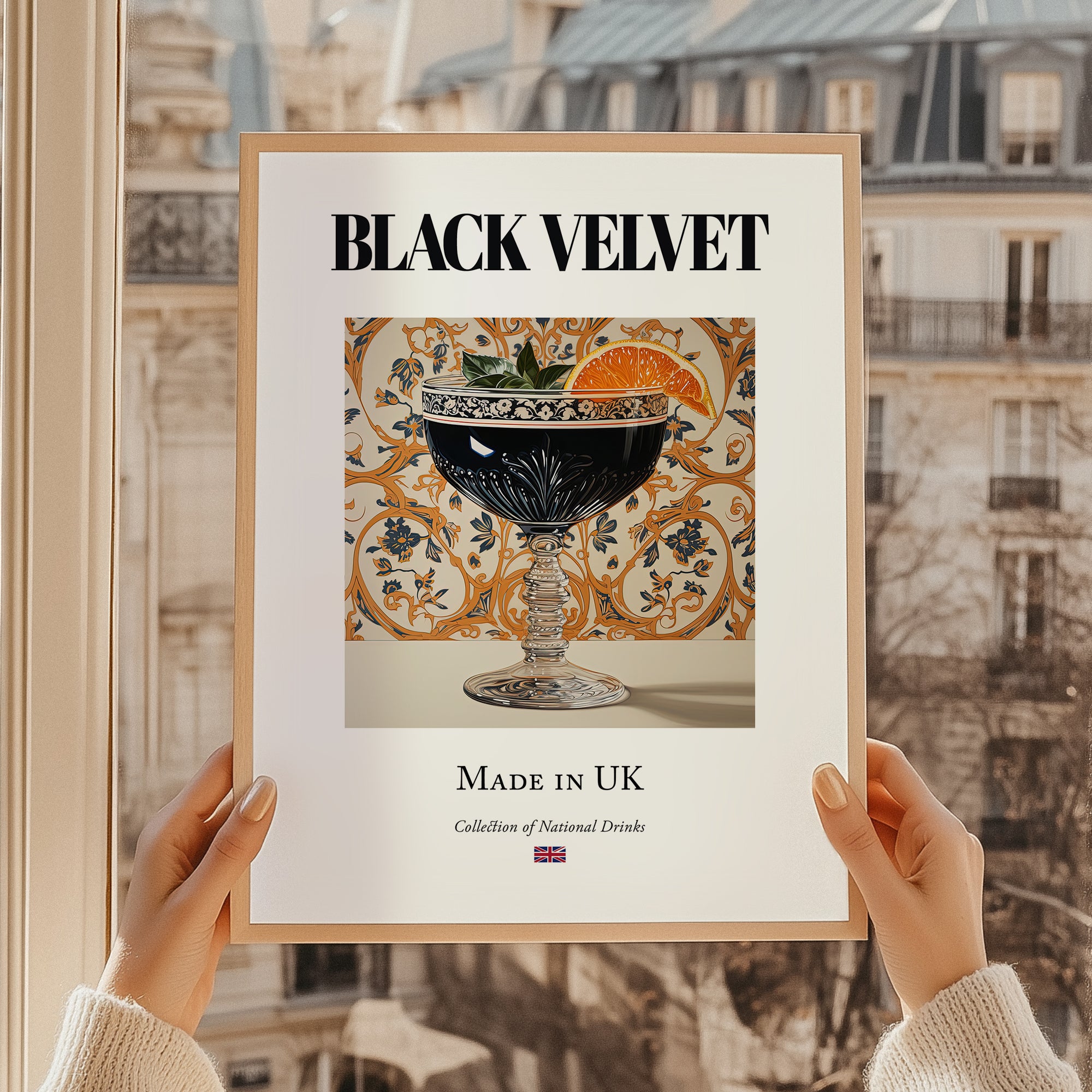Black Velvet – English Cocktail Drink, Cocktail Lounge Wall Decor, styled in a charming Paris street view