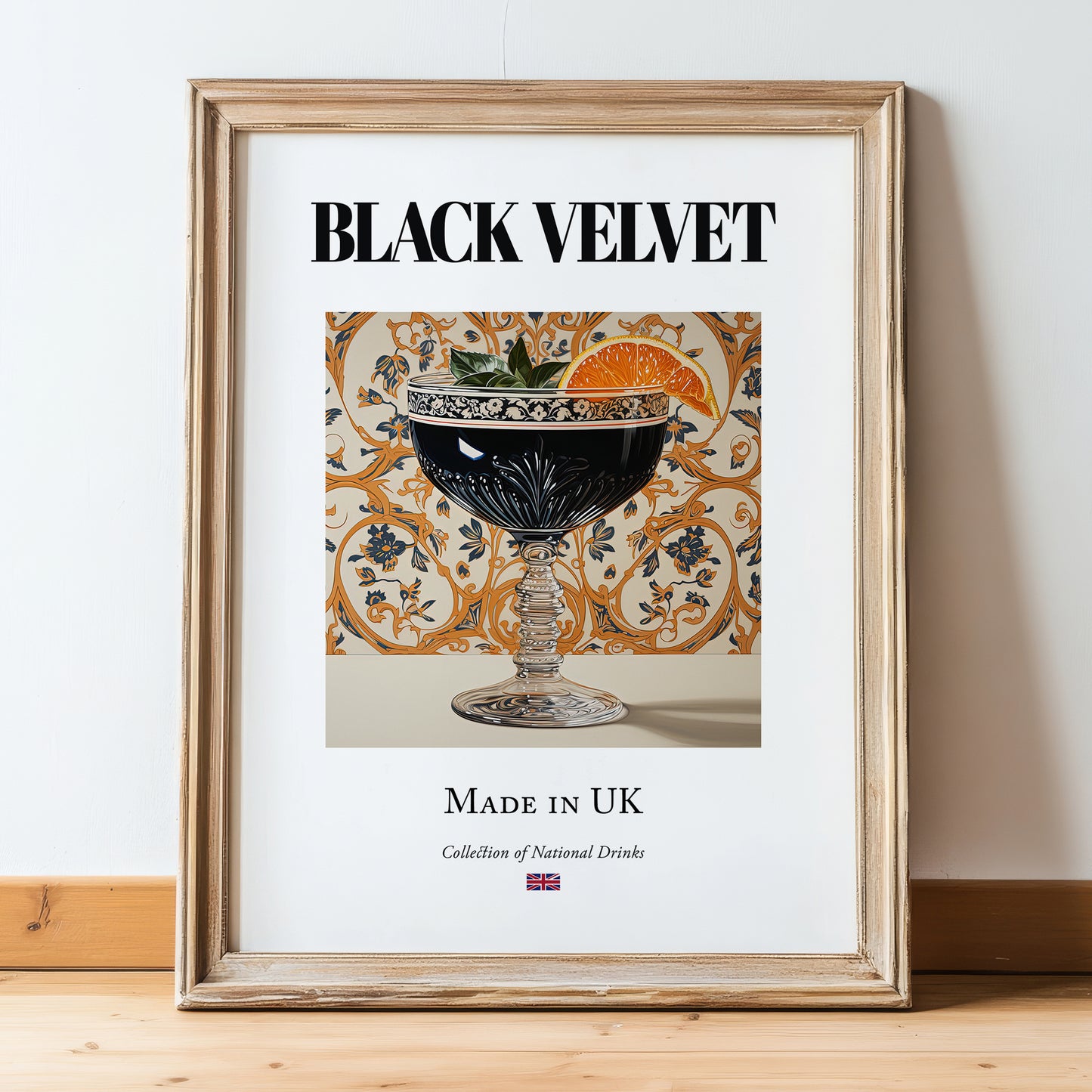Black Velvet – English Cocktail Drink, Cocktail Lounge Wall Decor, in wooden frame leaning on the floor