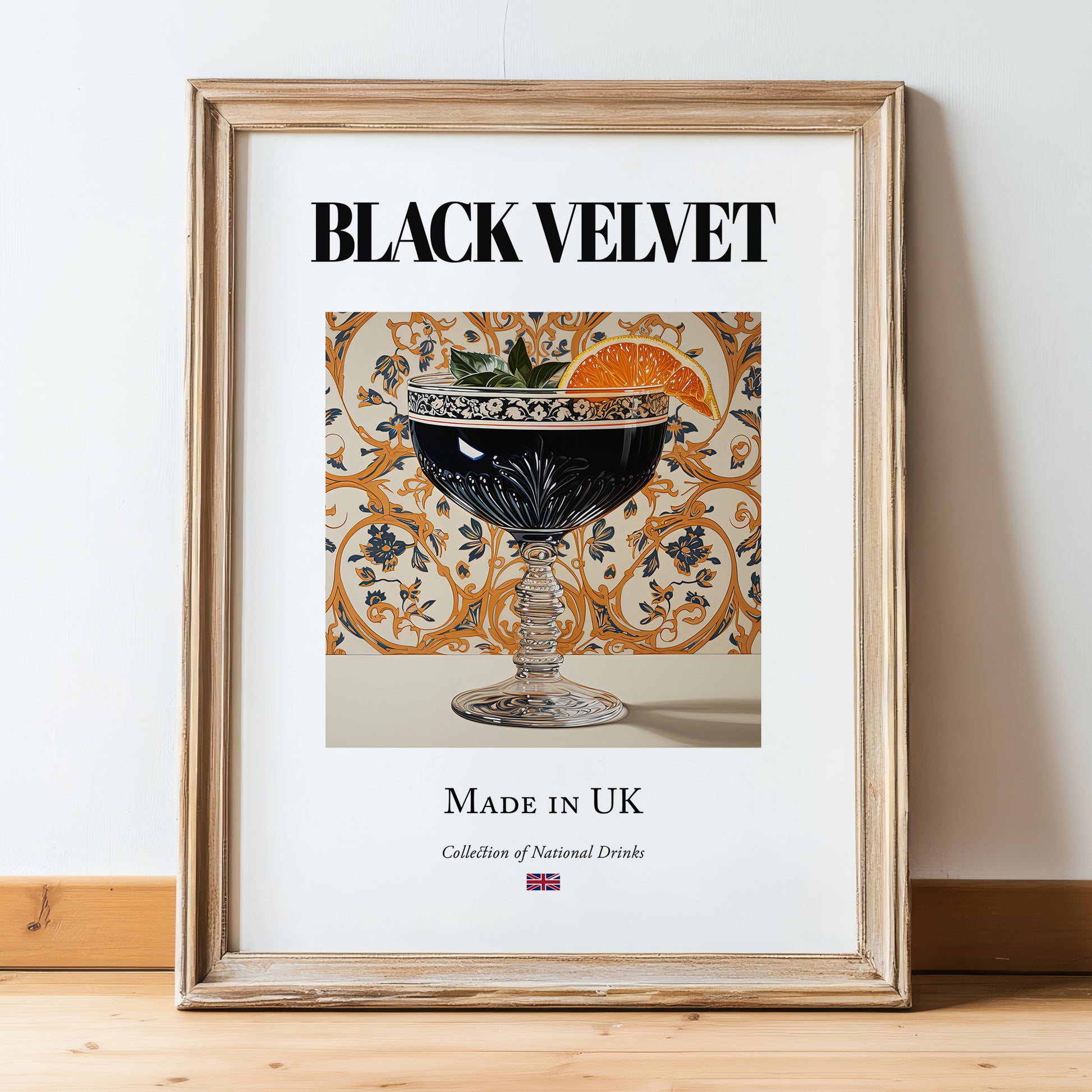 Black Velvet – English Cocktail Drink, Cocktail Lounge Wall Decor, in wooden frame leaning on the floor