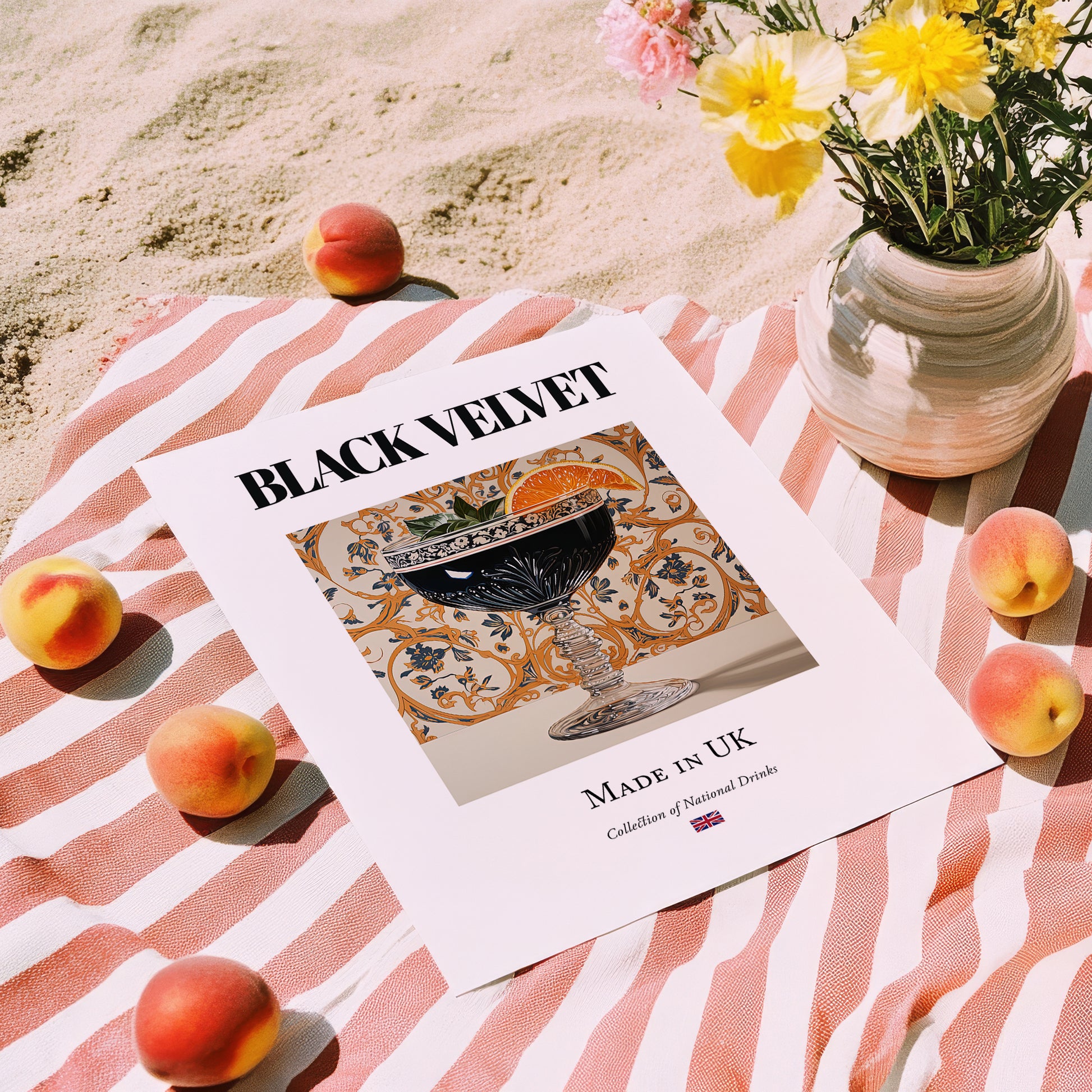 Black Velvet – English Cocktail Drink, Cocktail Lounge Wall Decor, unframed on coastal sand