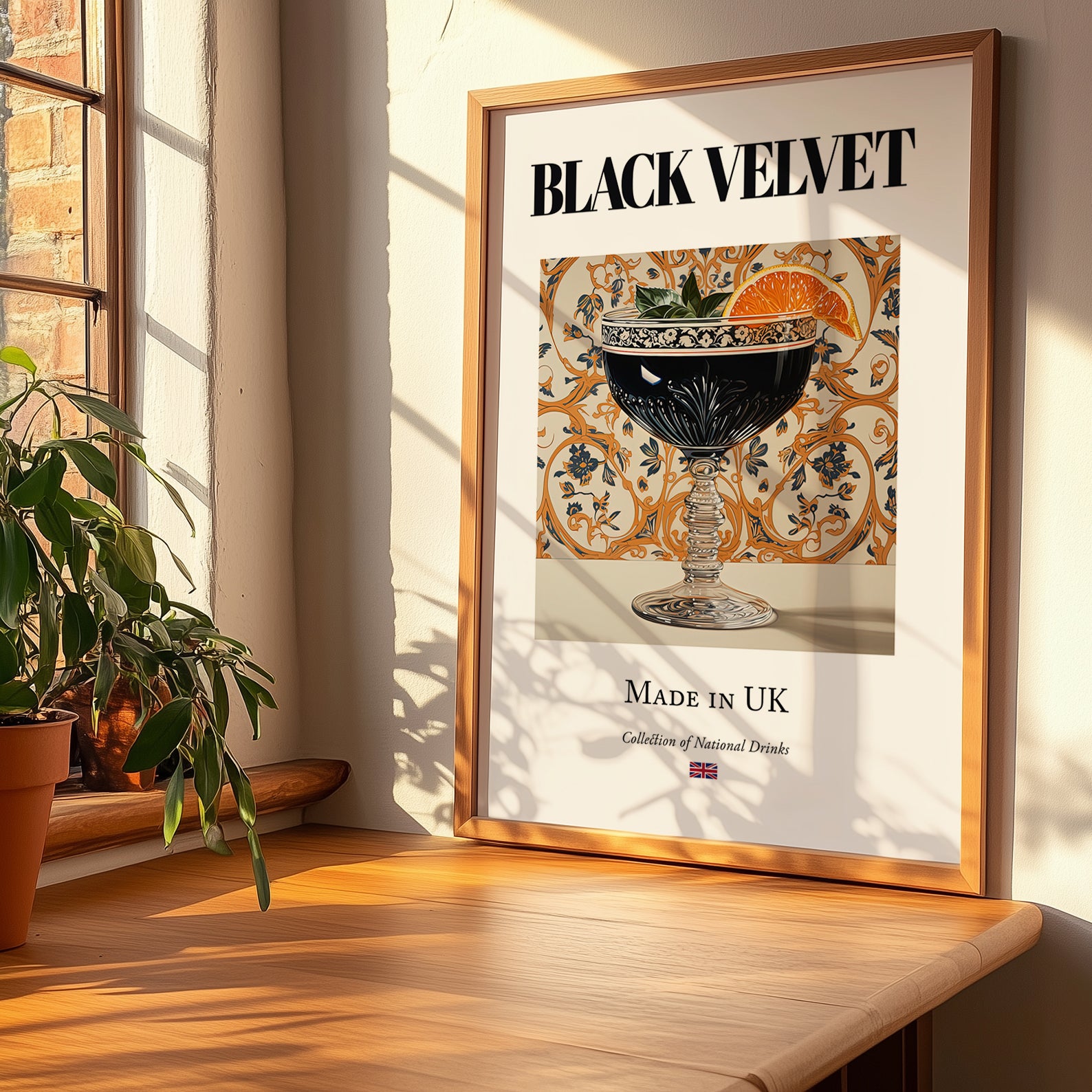Black Velvet – English Cocktail Drink, Cocktail Lounge Wall Decor, no-text version framed in wood