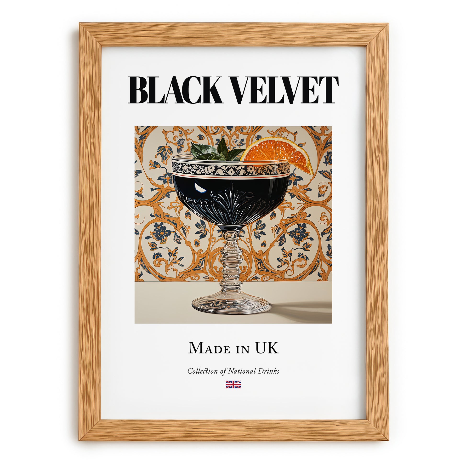 Black Velvet – English Cocktail Drink, Cocktail Lounge Wall Decor, set in oak frame