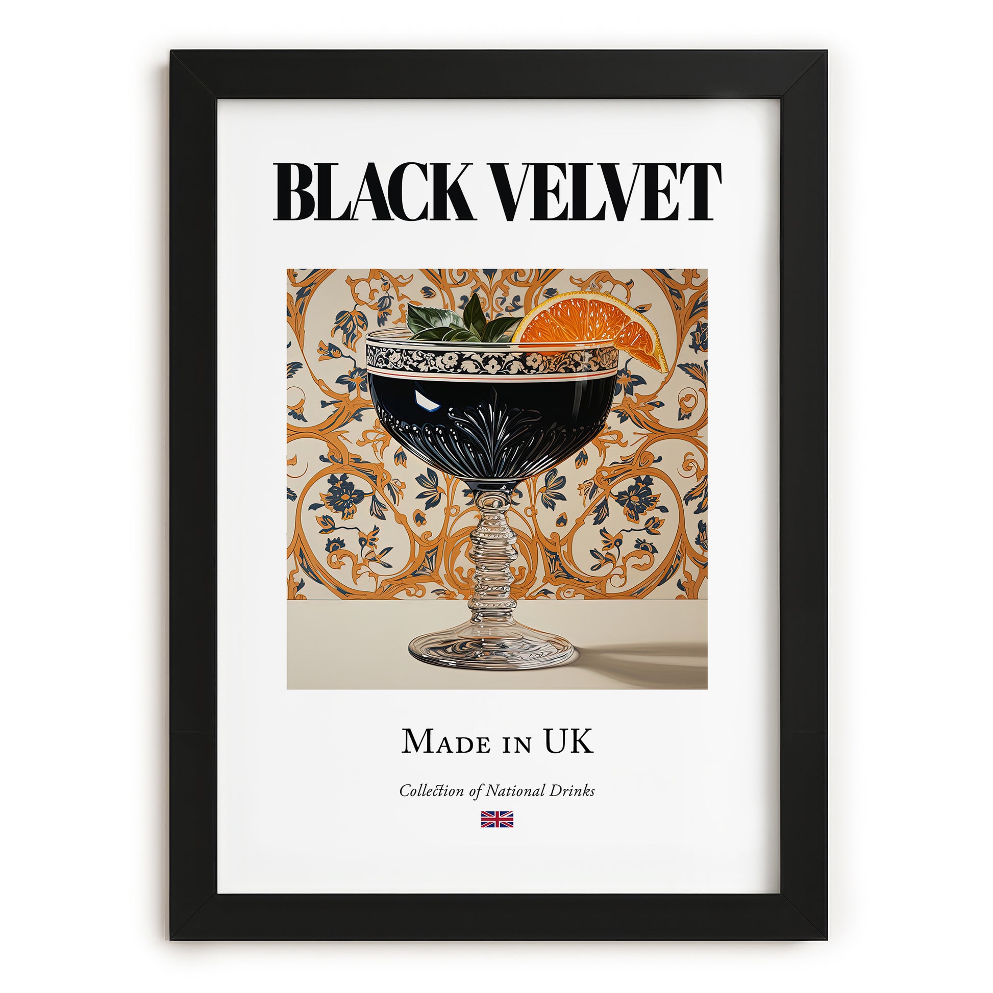 Black Velvet – English Cocktail Drink, Cocktail Lounge Wall Decor, in sleek black frame