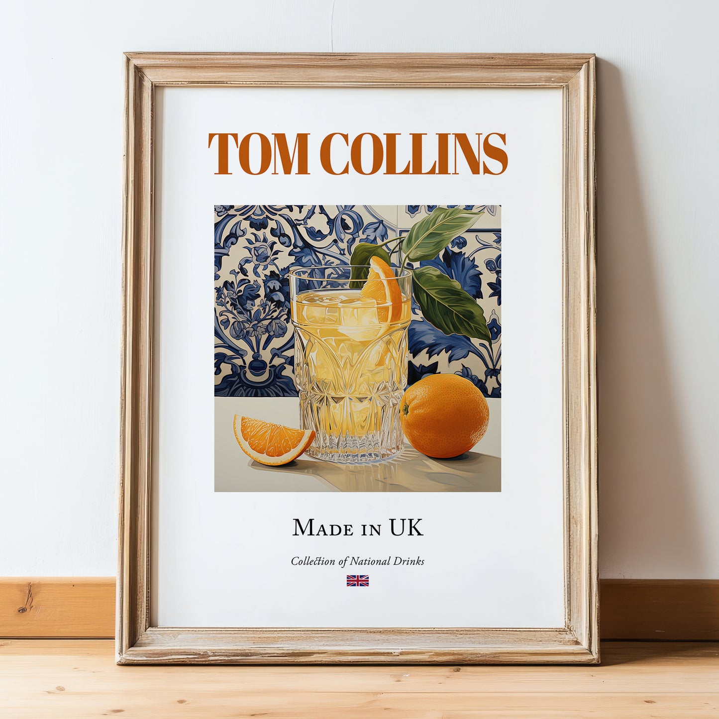 Tom Collins – English Cocktail Drink, Cocktail Lounge Still Life, in wooden frame leaning on the floor