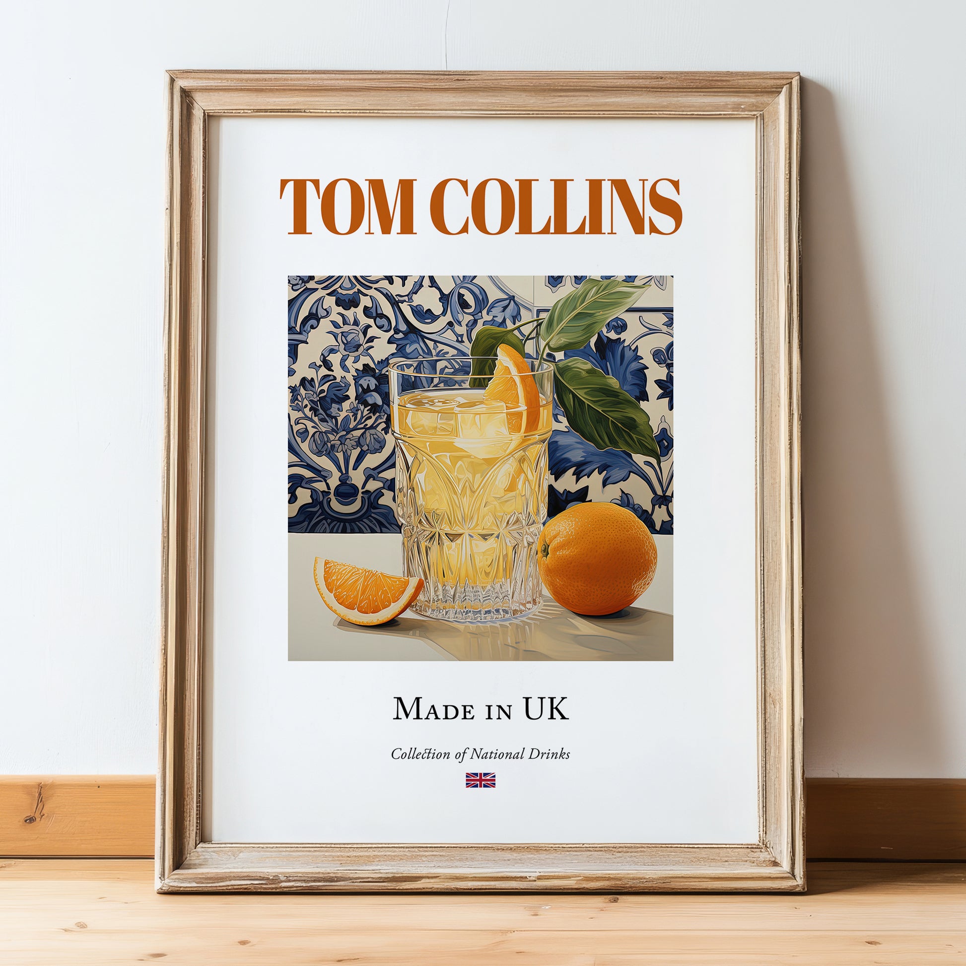 Tom Collins – English Cocktail Drink, Cocktail Lounge Still Life, in wooden frame leaning on the floor