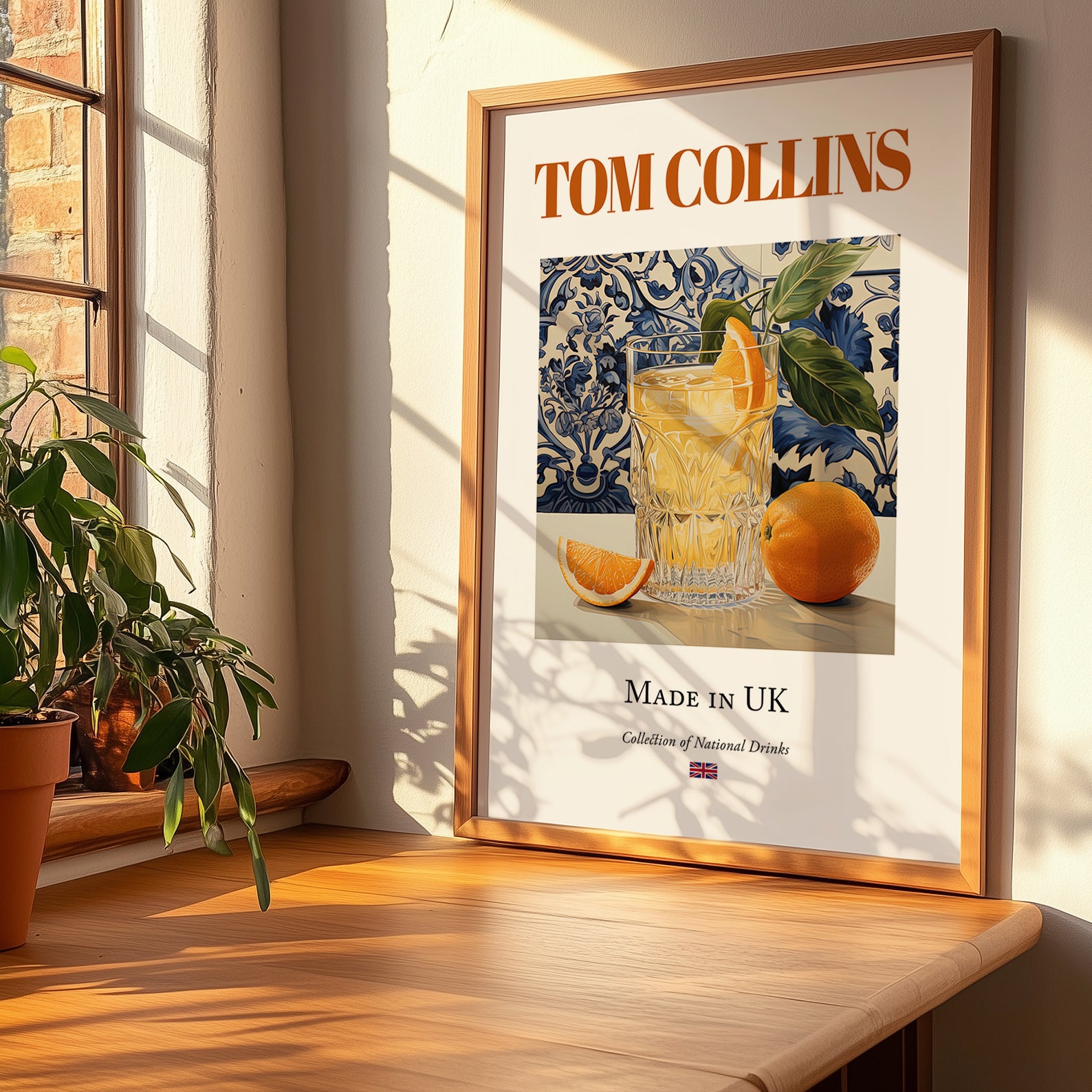 Tom Collins – English Cocktail Drink, Cocktail Lounge Still Life, no-text version framed in wood