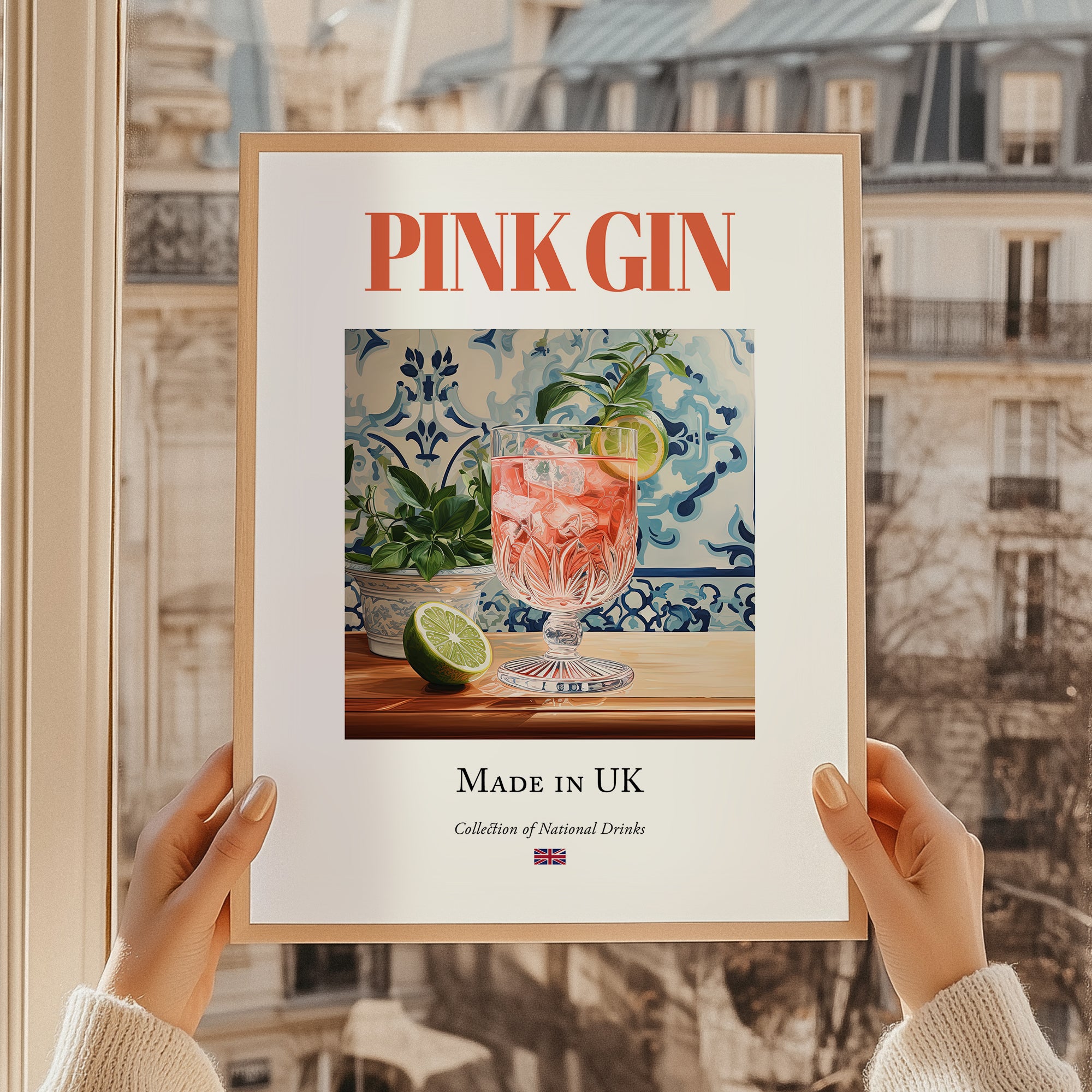 Pink Gin – English Cocktail Drink, Speakeasy Wall Decor, styled in a charming Paris street view