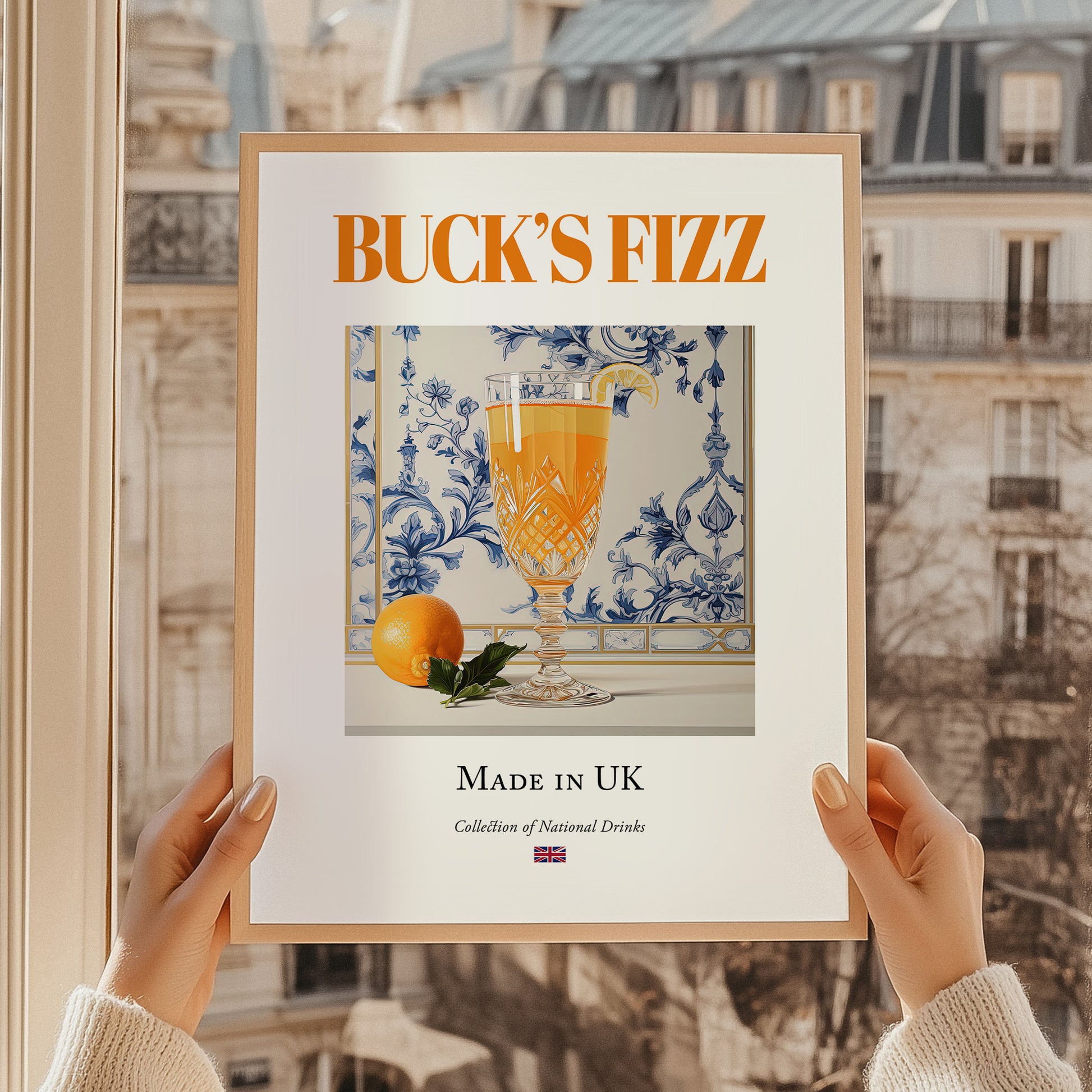 Buck's Fizz – English Cocktail Drink, Rooftop Terrace Wall Art, styled in a charming Paris street view