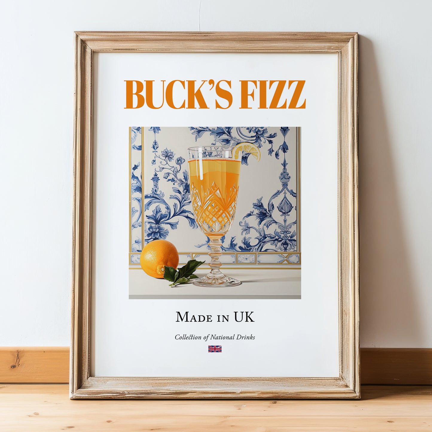 Buck's Fizz – English Cocktail Drink, Rooftop Terrace Wall Art, in wooden frame leaning on the floor