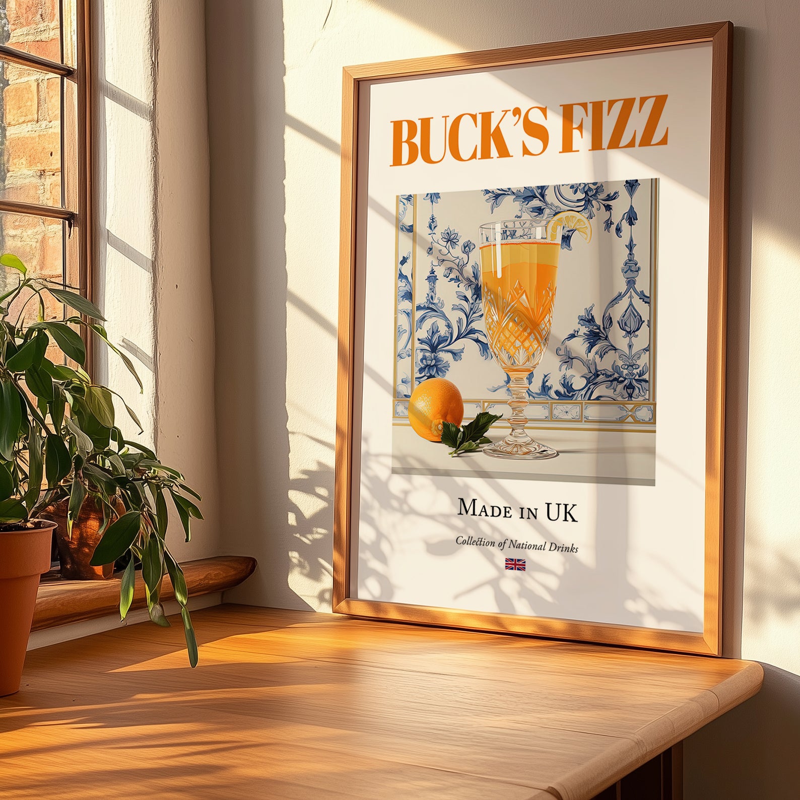 Buck's Fizz – English Cocktail Drink, Rooftop Terrace Wall Art, no-text version framed in wood