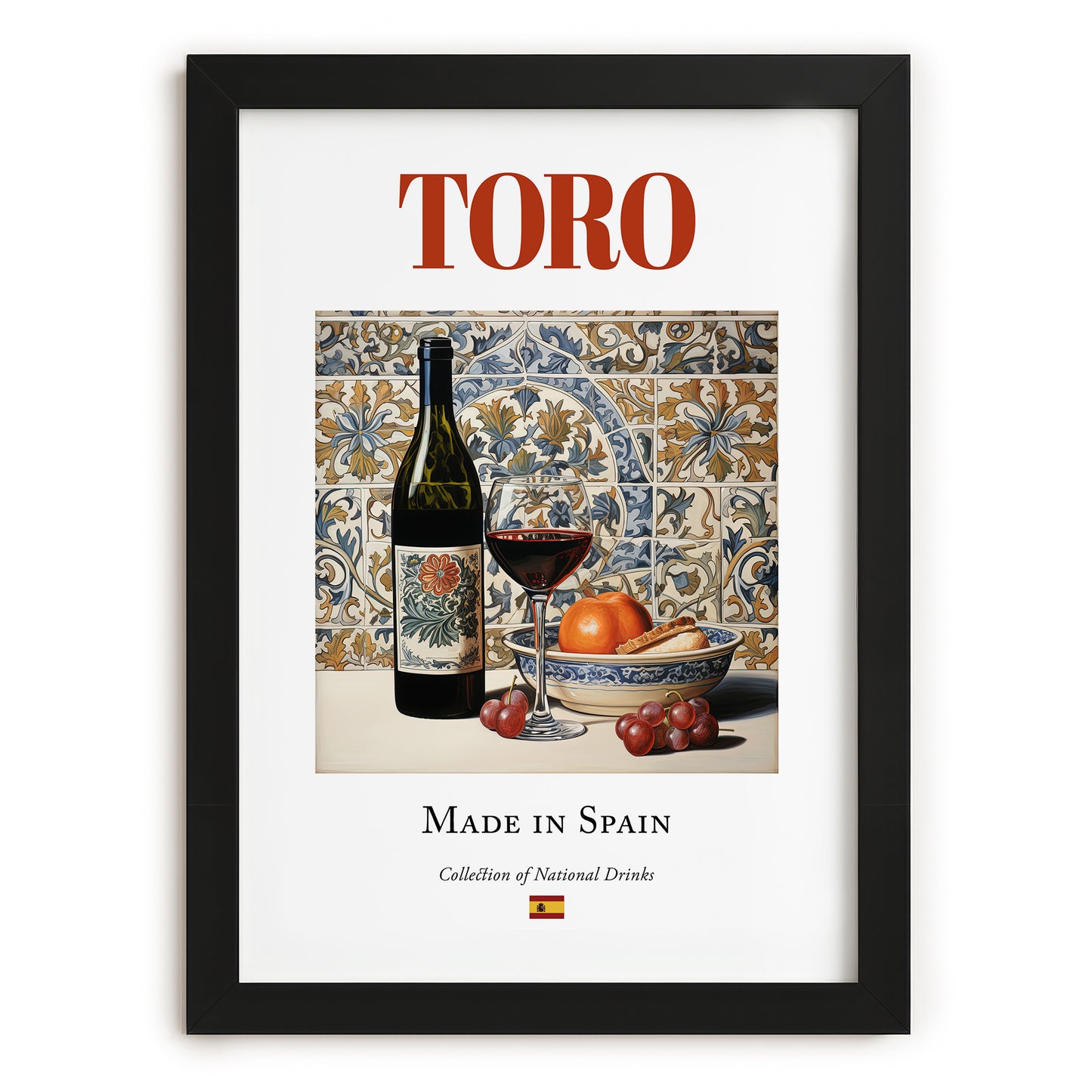 Toro – Spanish Red Wine, Wine Bar Print, in sleek black frame