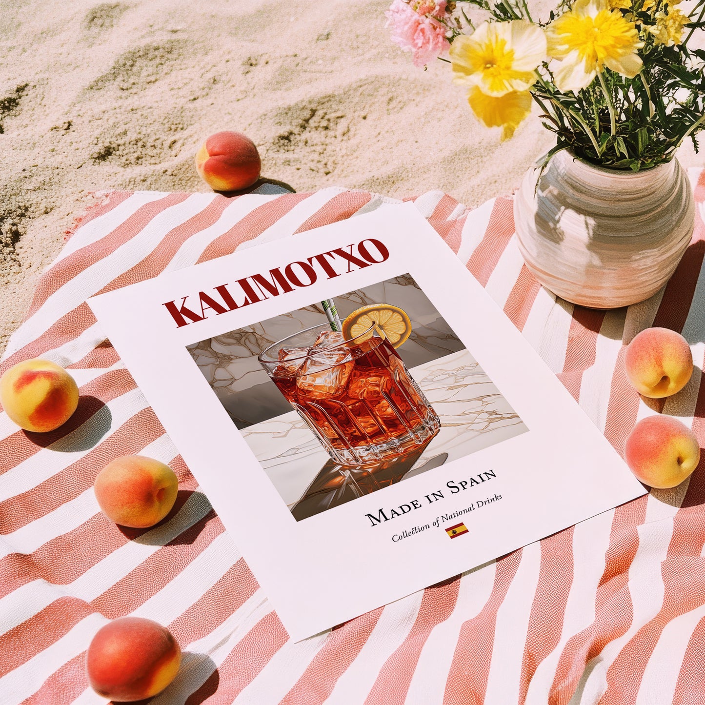Kalimotxo – Spanish Cocktail Drink, Speakeasy Illustration, unframed on coastal sand