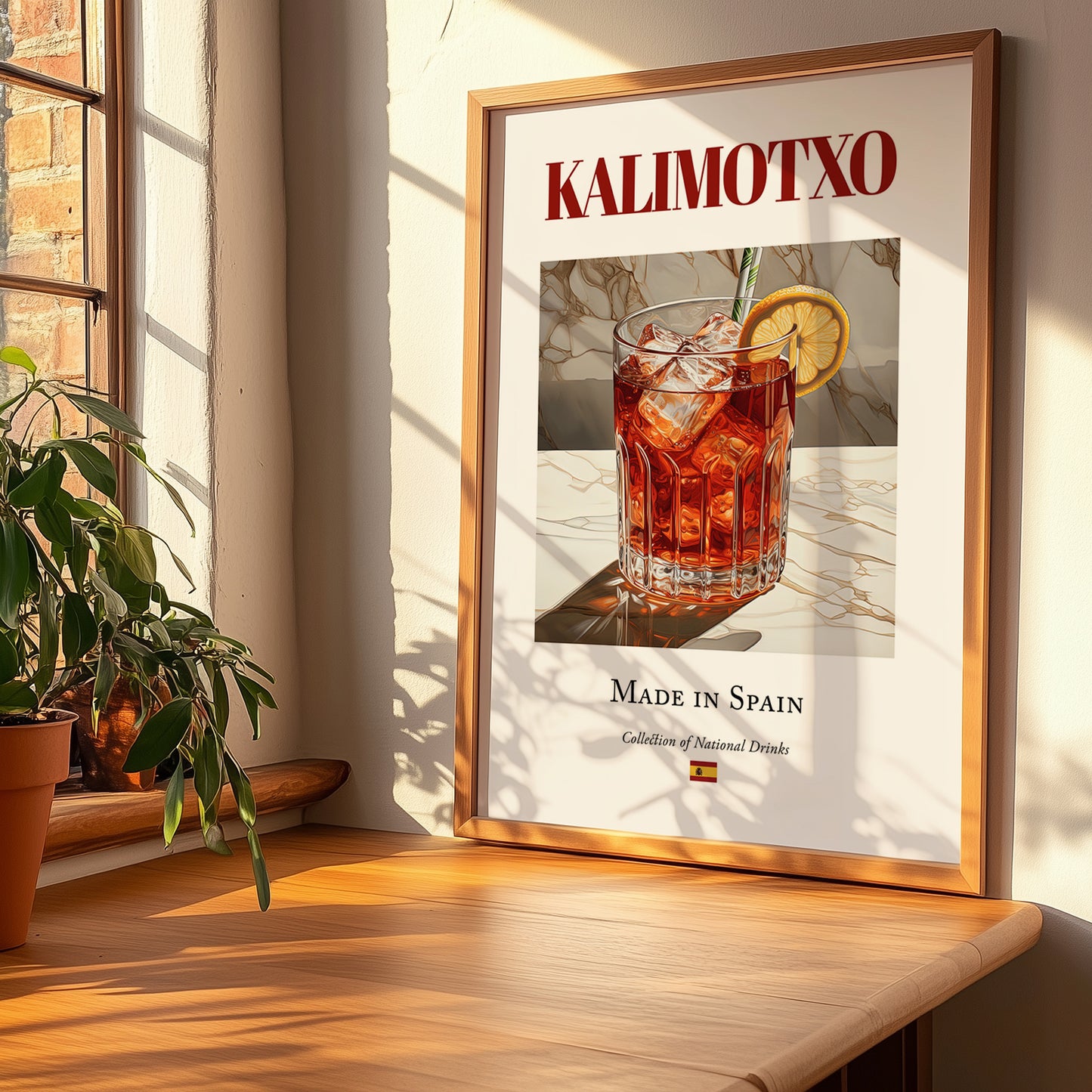 Kalimotxo – Spanish Cocktail Drink, Speakeasy Illustration, no-text version framed in wood