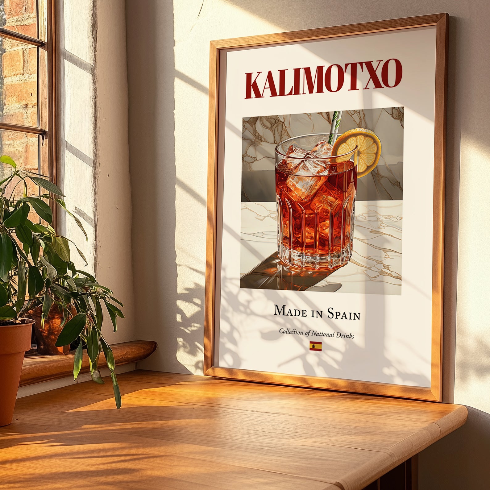 Kalimotxo – Spanish Cocktail Drink, Speakeasy Illustration, no-text version framed in wood
