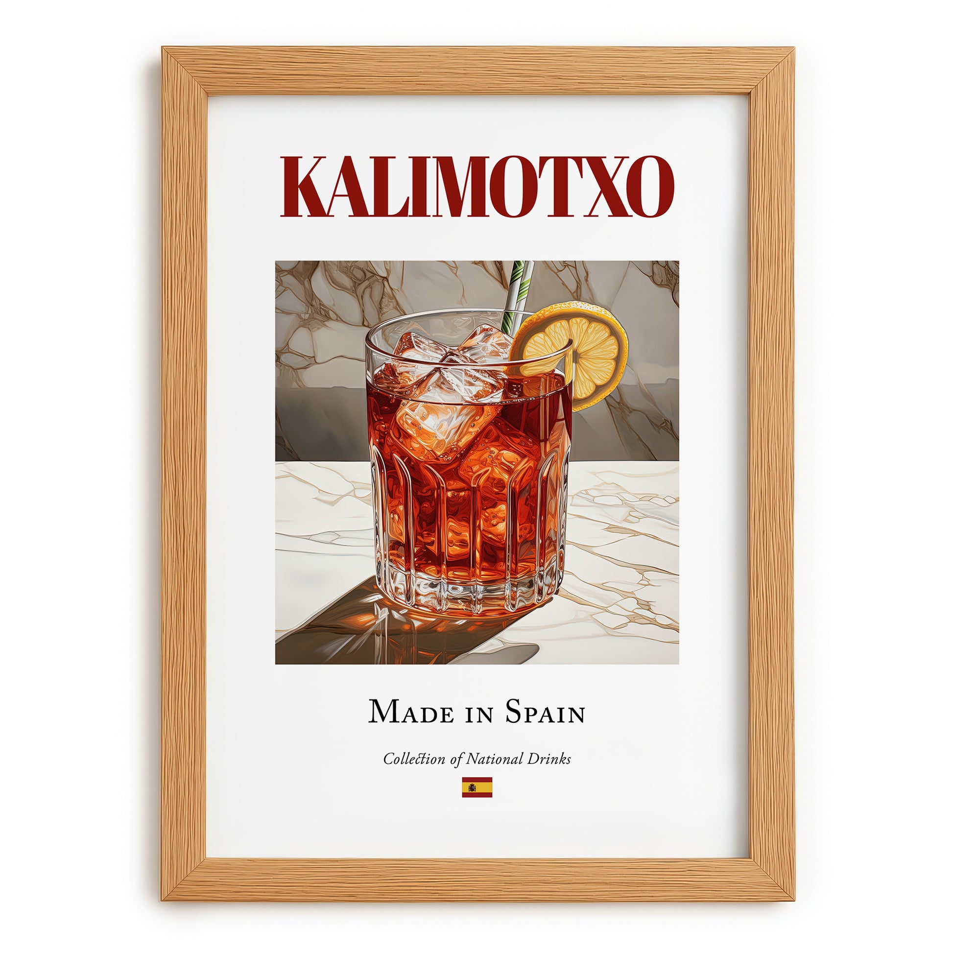 Kalimotxo – Spanish Cocktail Drink, Speakeasy Illustration, set in oak frame