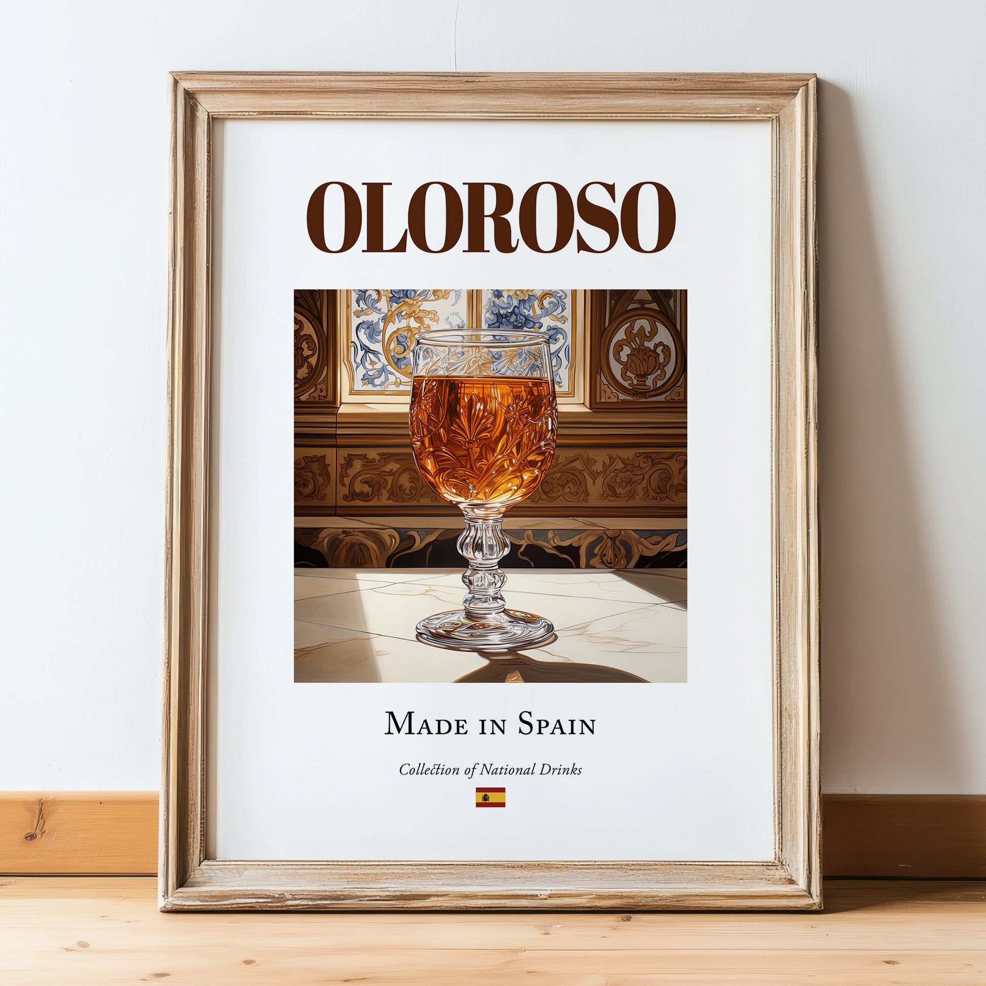 Oloroso – Spanish Dessert Wine, Vinoteca Art, in wooden frame leaning on the floor