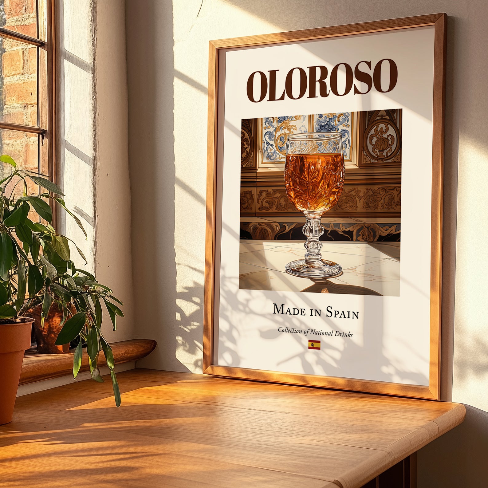 Oloroso – Spanish Dessert Wine, Vinoteca Art, no-text version framed in wood