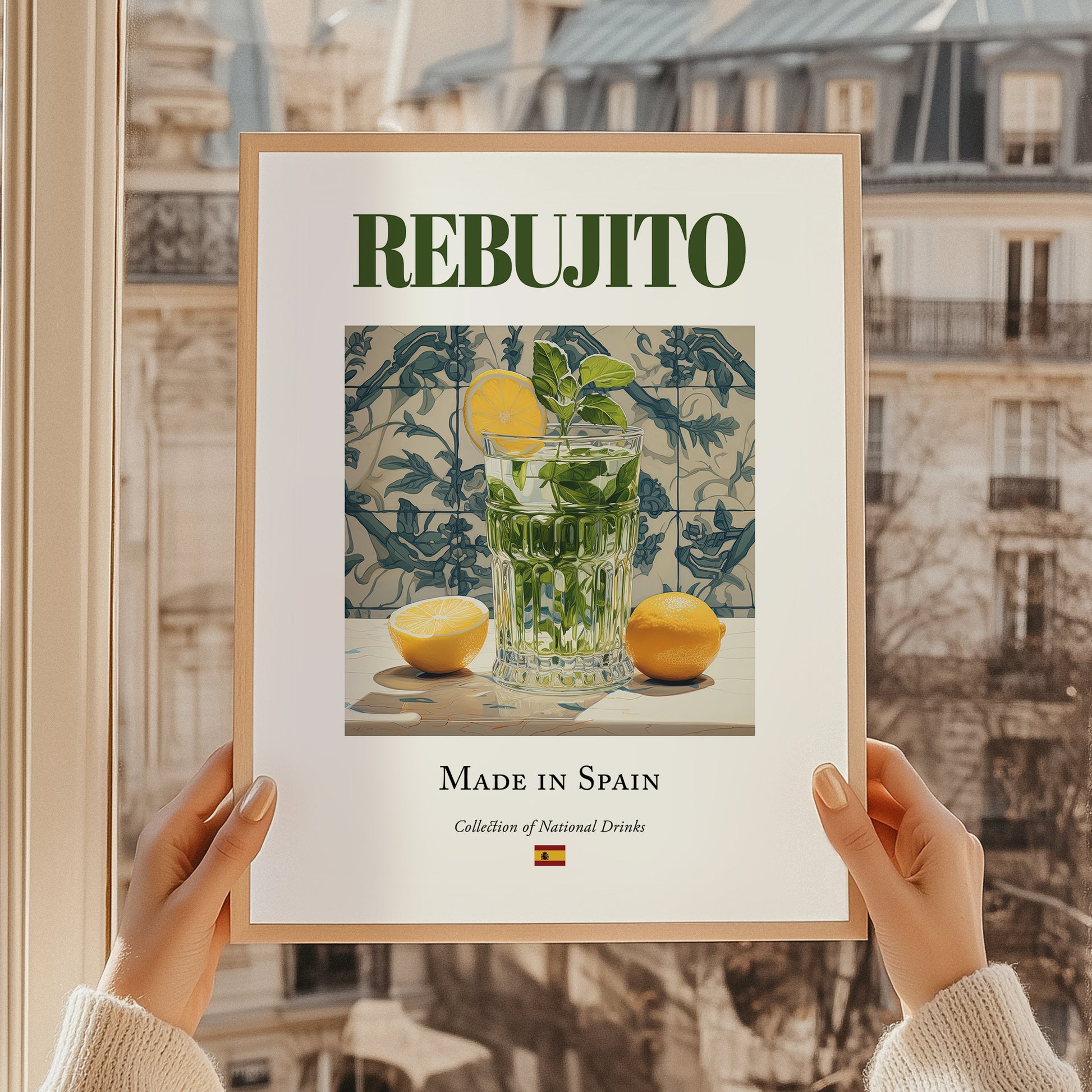 Rebujito – Spanish Cocktail Drink, Beach Bar Painting, styled in a charming Paris street view