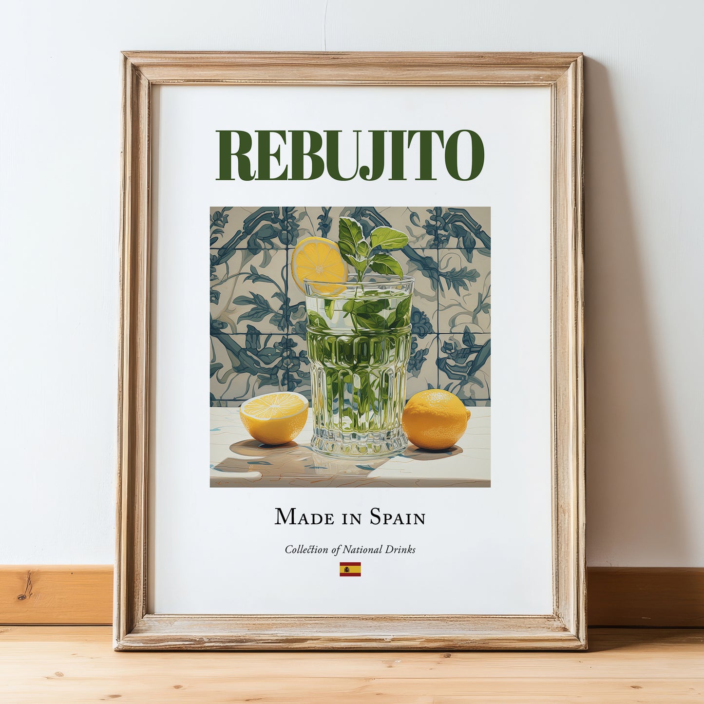 Rebujito – Spanish Cocktail Drink, Beach Bar Painting, in wooden frame leaning on the floor