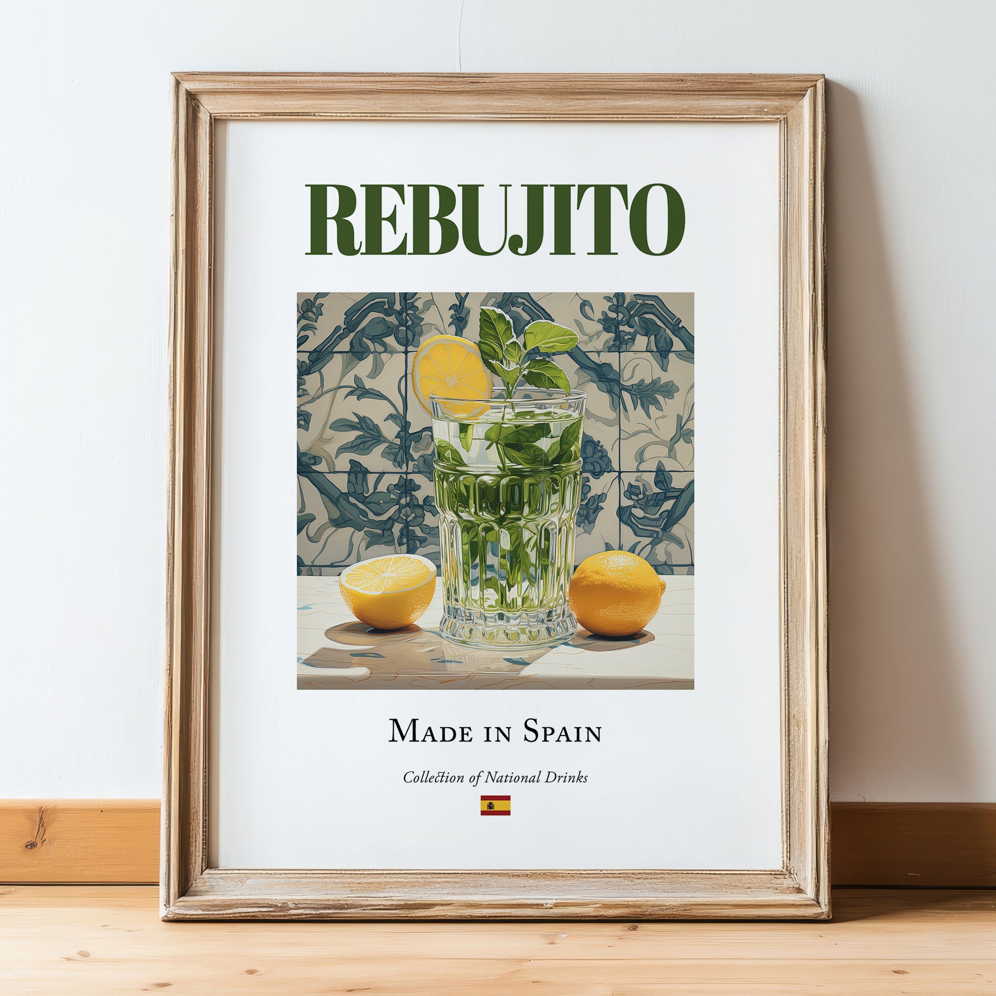 Rebujito – Spanish Cocktail Drink, Beach Bar Painting, in wooden frame leaning on the floor