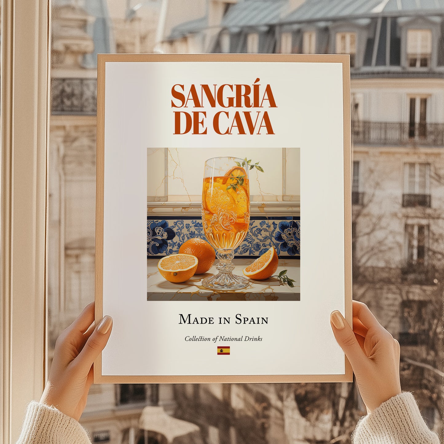Sangría de Cava – Spanish Cocktail Drink, Beach Bar Painting, styled in a charming Paris street view
