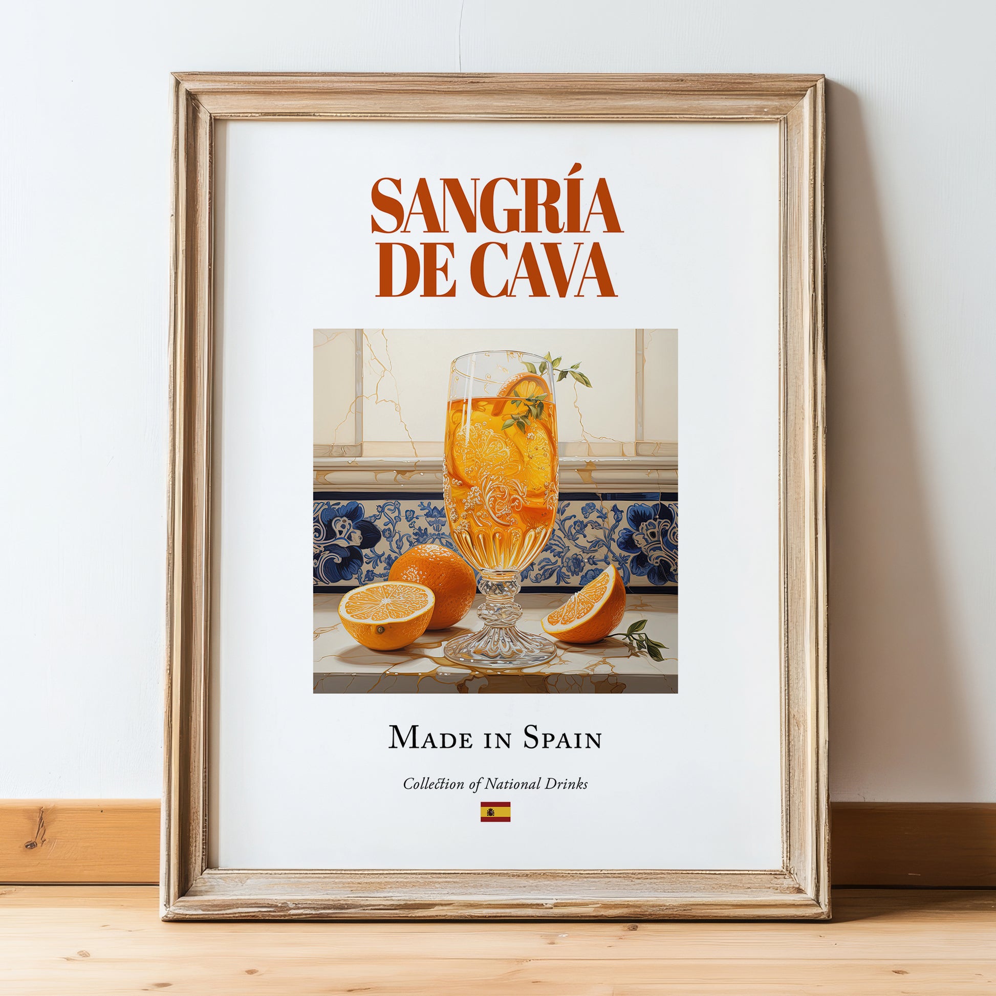 Sangría de Cava – Spanish Cocktail Drink, Beach Bar Painting, in wooden frame leaning on the floor