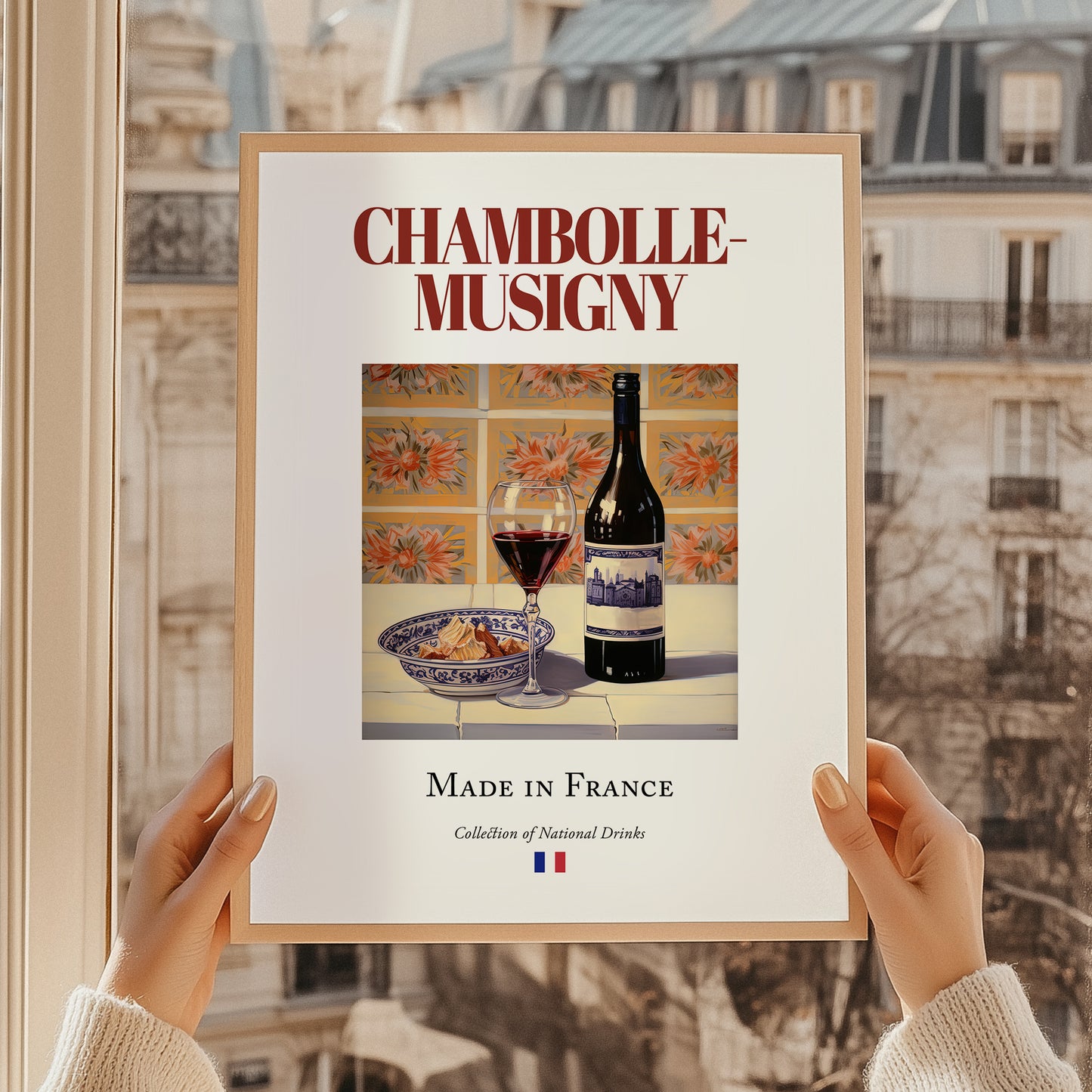 Chambolle-Musigny – French Red Wine, Vineyard Terrace Still Life, styled in a charming Paris street view