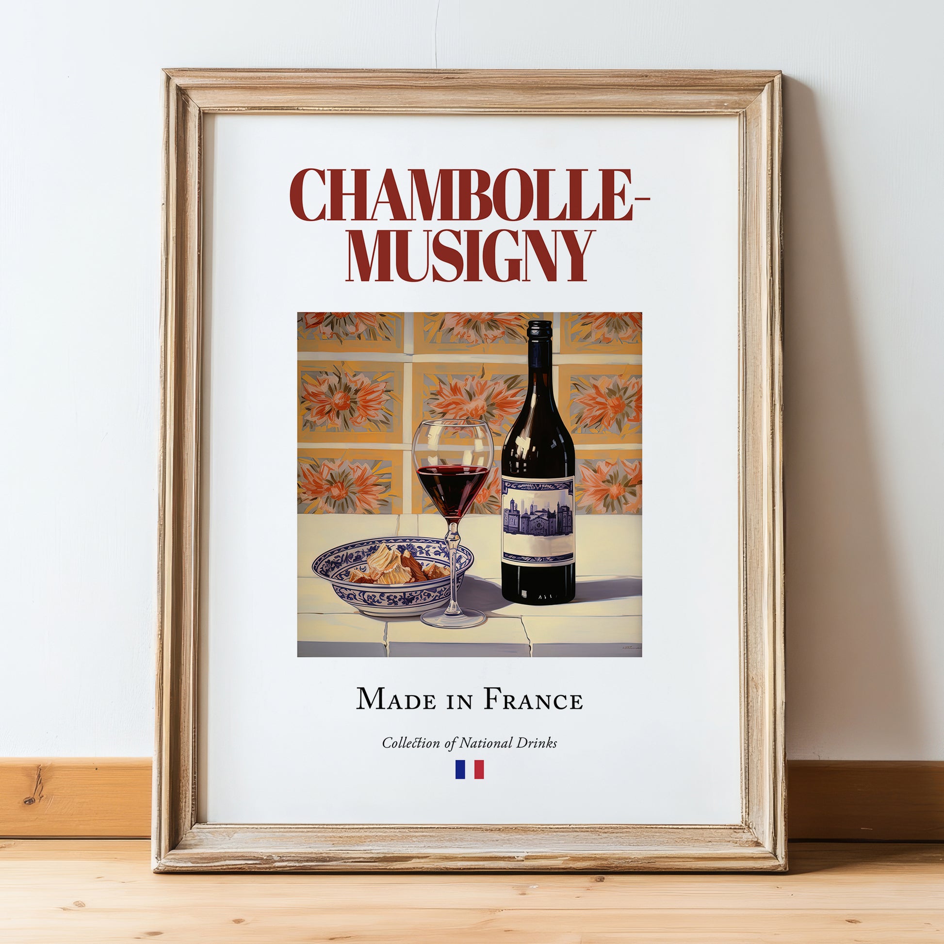 Chambolle-Musigny – French Red Wine, Vineyard Terrace Still Life, in wooden frame leaning on the floor