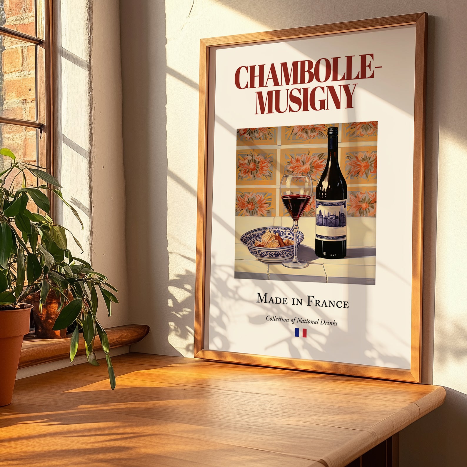 Chambolle-Musigny – French Red Wine, Vineyard Terrace Still Life, no-text version framed in wood