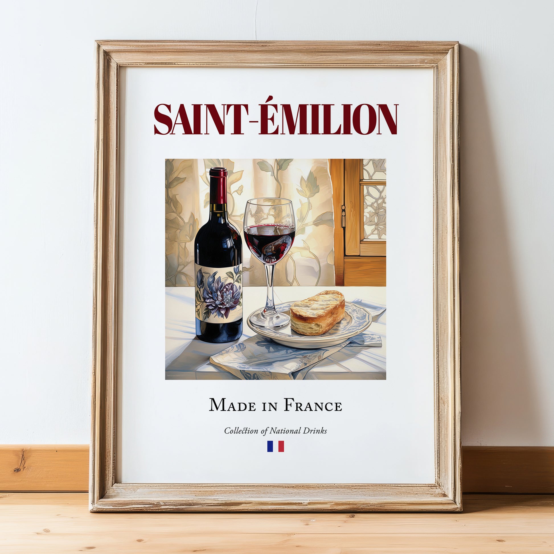 Saint-Émilion – French Red Wine, Wine Bar Wall Art, in wooden frame leaning on the floor