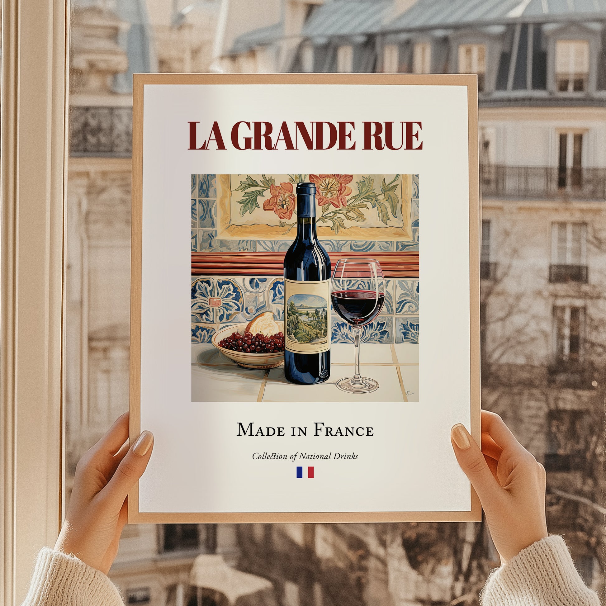 La Grande Rue – French Red Wine, Vinoteca Print, styled in a charming Paris street view