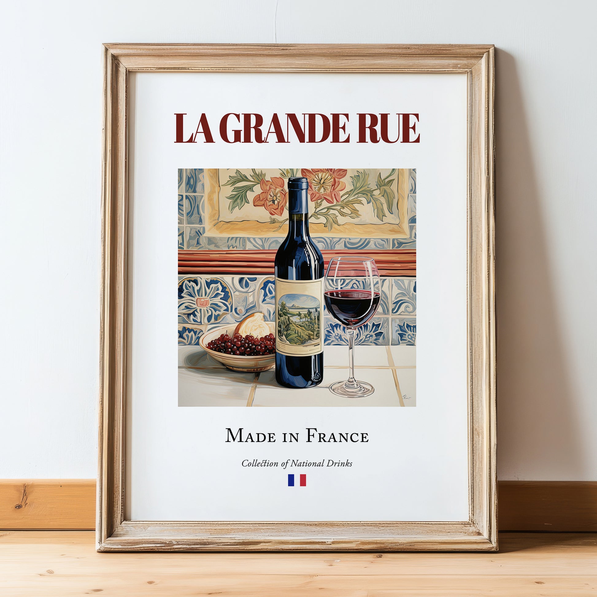 La Grande Rue – French Red Wine, Vinoteca Print, in wooden frame leaning on the floor