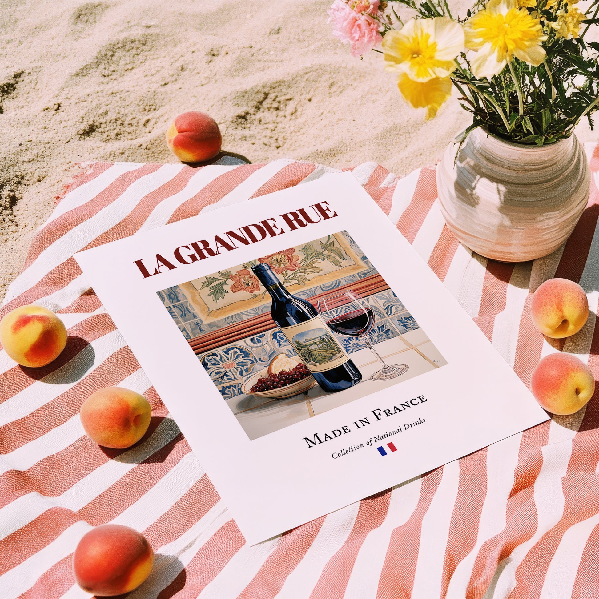 La Grande Rue – French Red Wine, Vinoteca Print, unframed on coastal sand