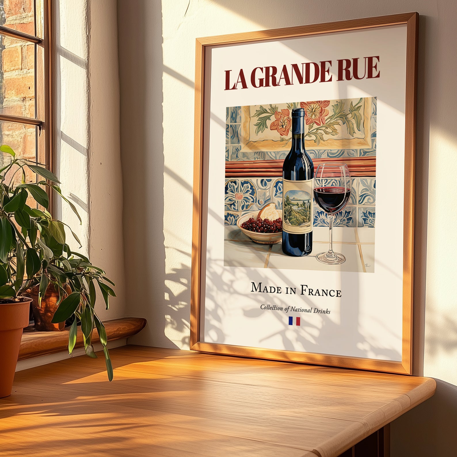 La Grande Rue – French Red Wine, Vinoteca Print, no-text version framed in wood