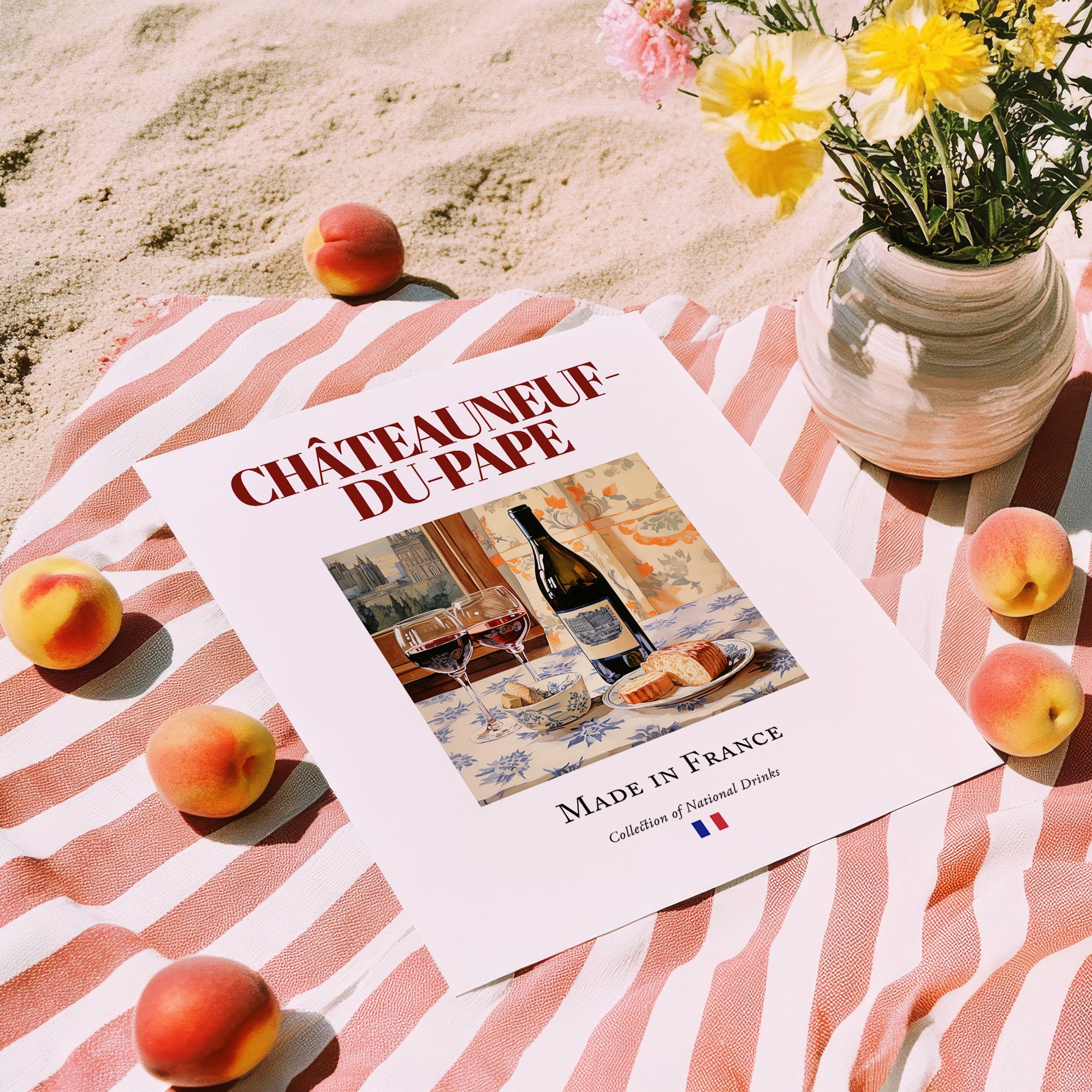 Châteauneuf-du-Pape – French Red Wine, Vinoteca Wall Decor, unframed on coastal sand