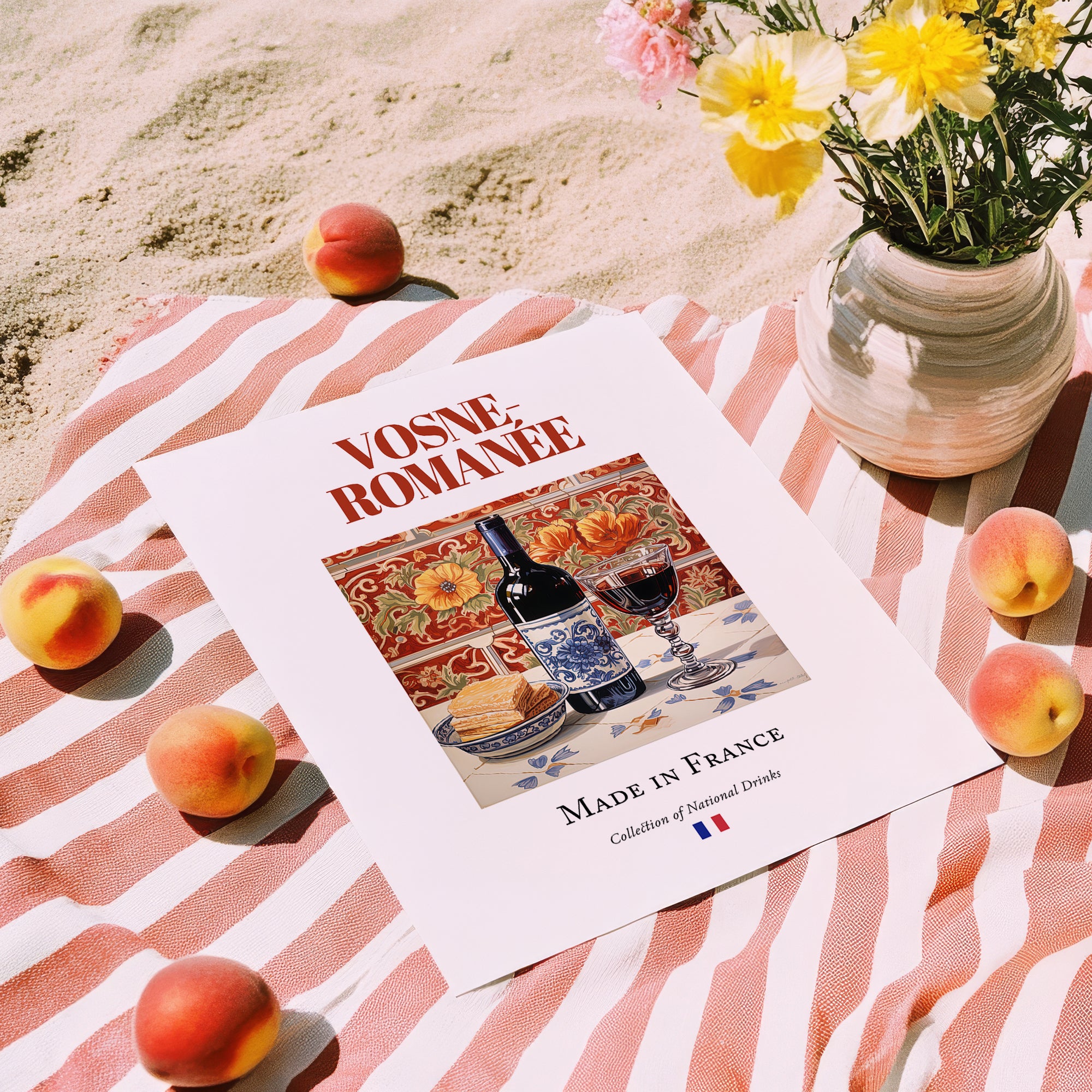 Vosne-Romanée – French Red Wine, Vinoteca Print, unframed on coastal sand