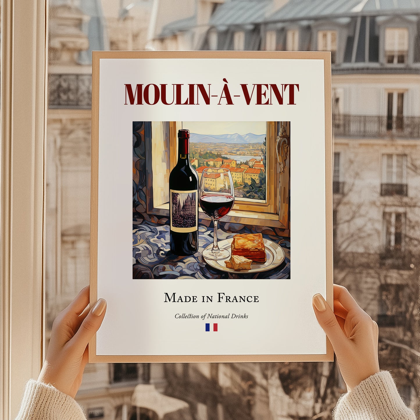 Moulin-à-Vent – French Red Wine, Wine Bar Still Life, styled in a charming Paris street view