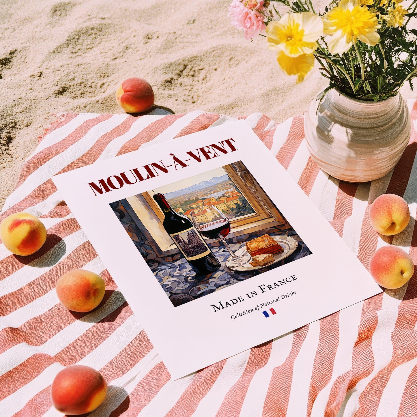Moulin-à-Vent – French Red Wine, Wine Bar Still Life, unframed on coastal sand