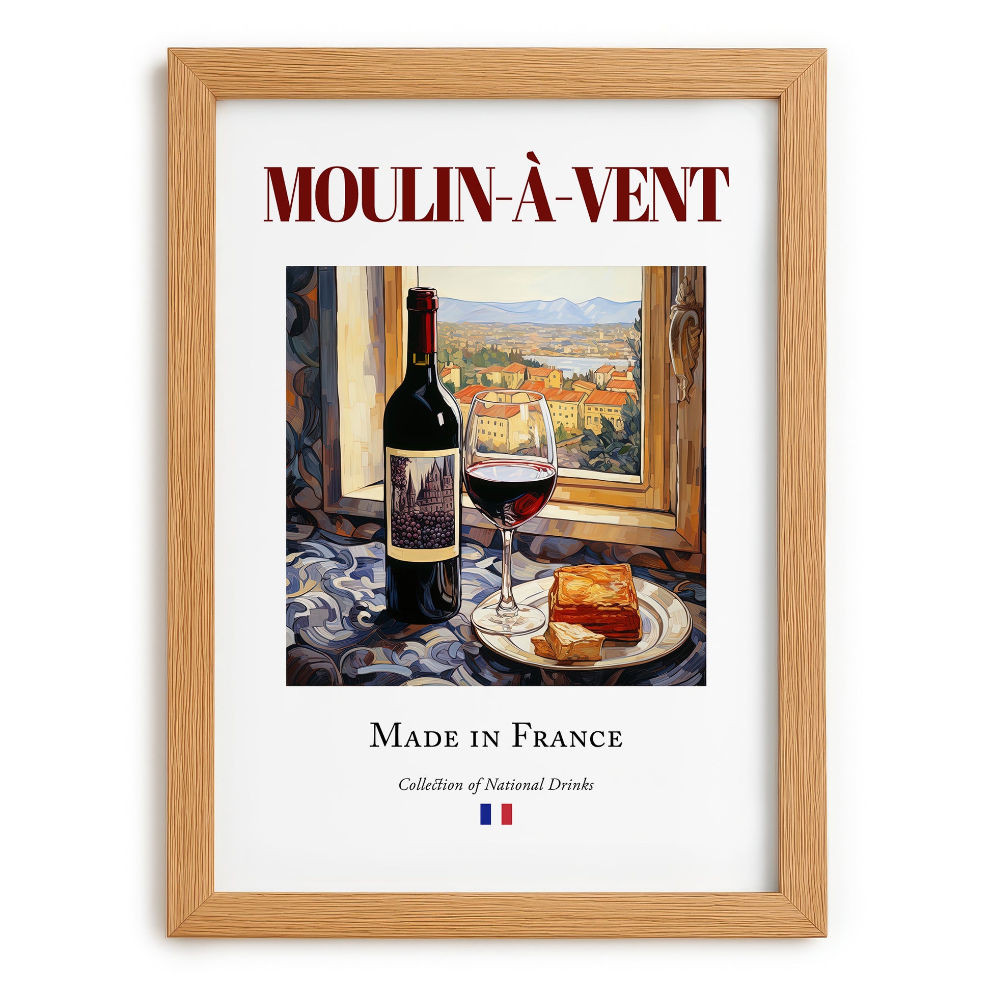 Moulin-à-Vent – French Red Wine, Wine Bar Still Life, set in oak frame