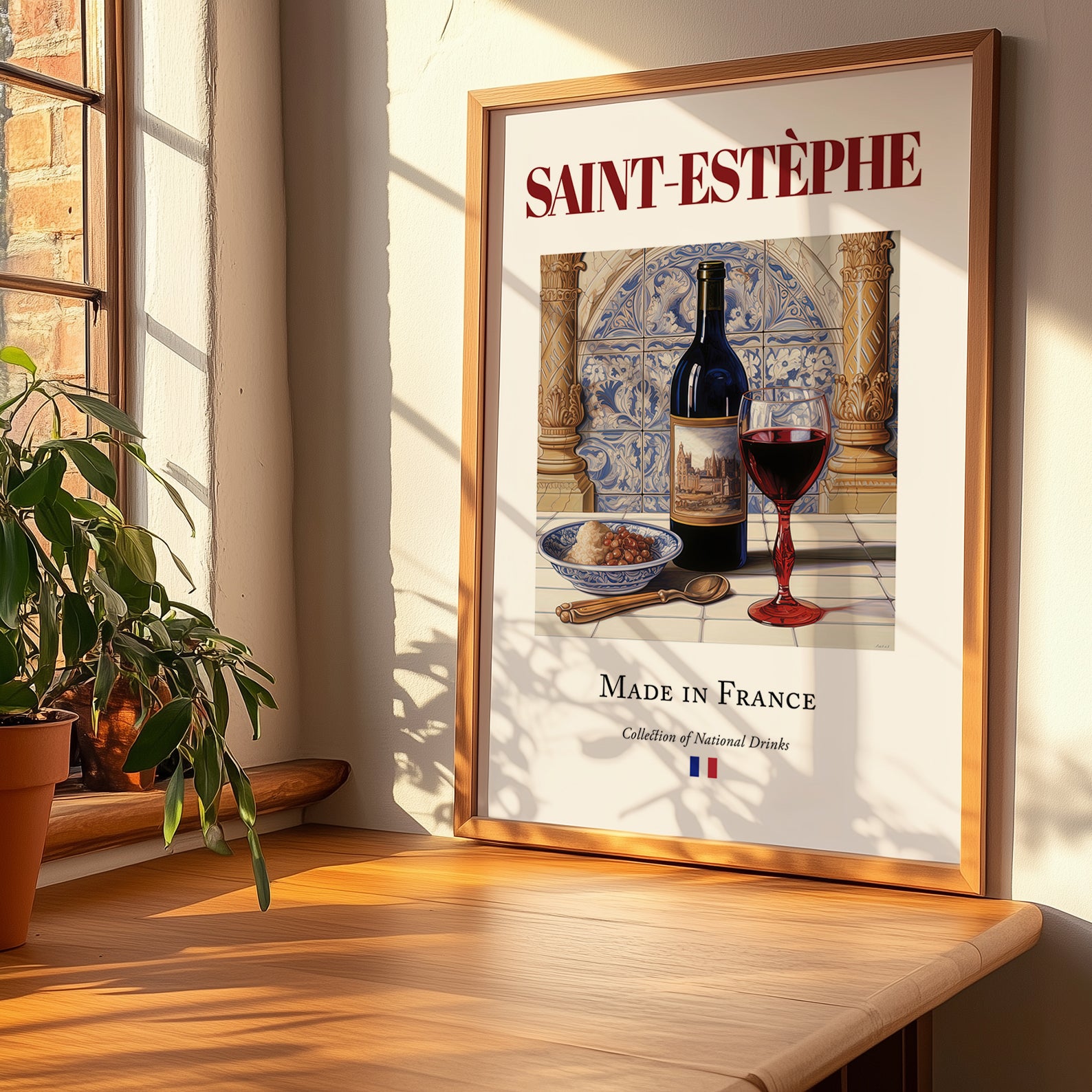 Saint-Estèphe – French Red Wine, Wine Bar Still Life, no-text version framed in wood
