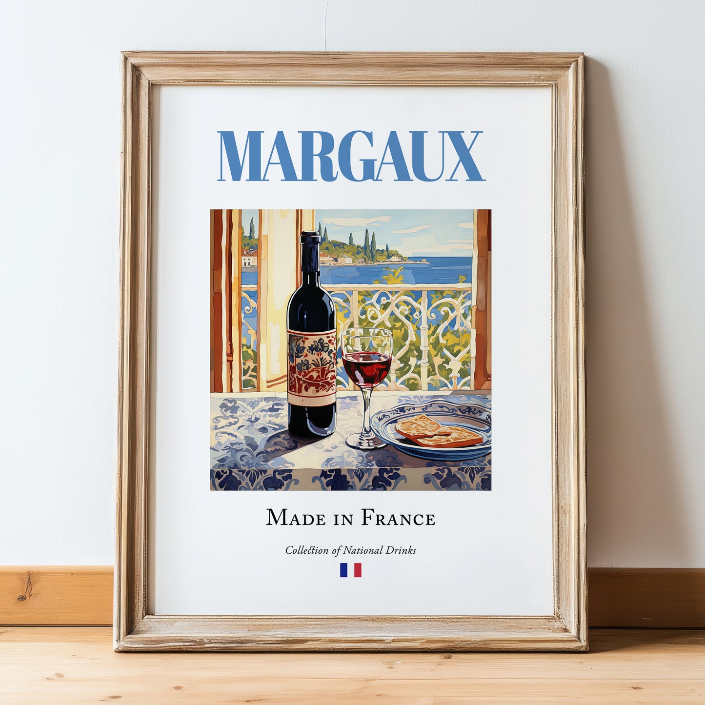 Margaux – French Red Wine, Vinoteca Print, in wooden frame leaning on the floor