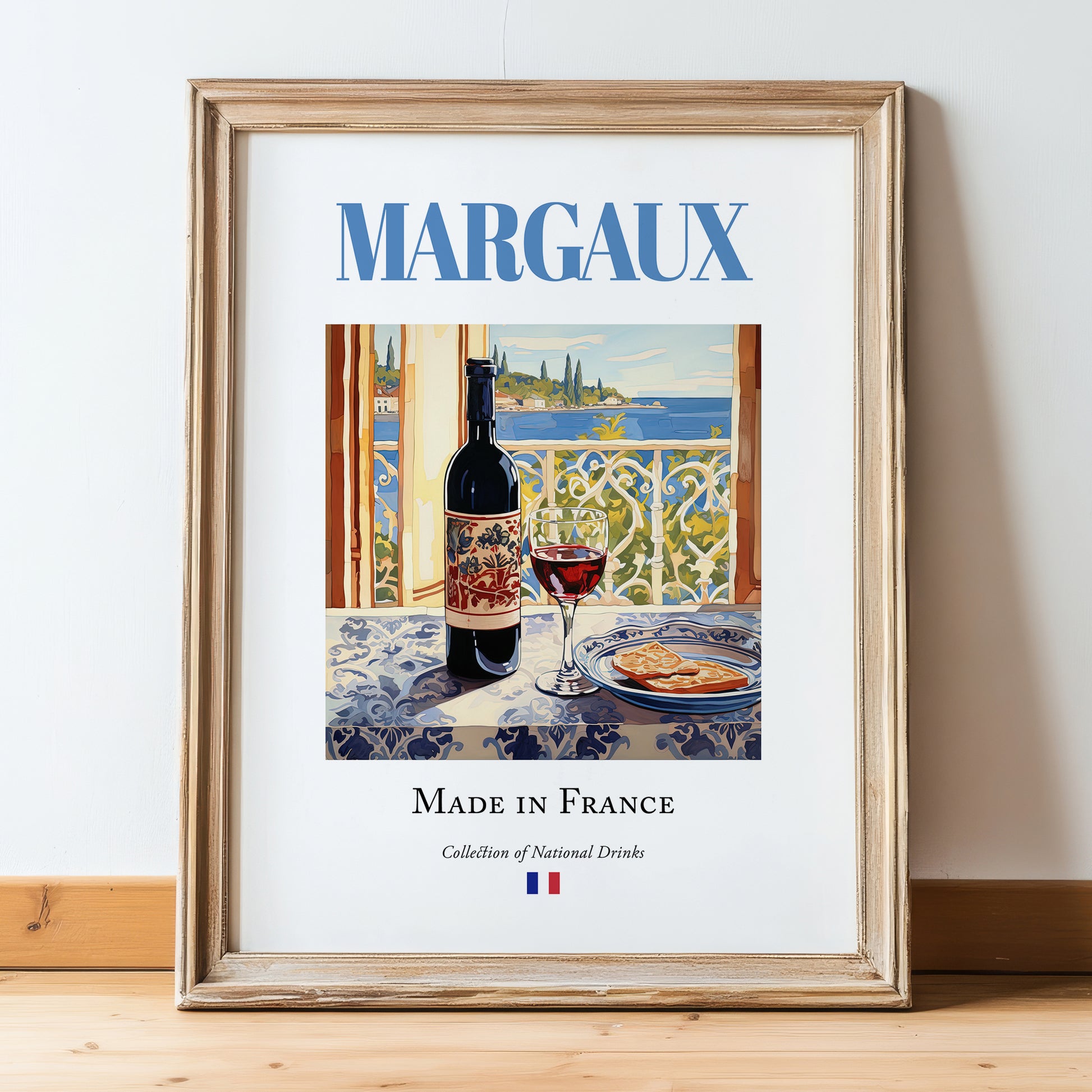 Margaux – French Red Wine, Vinoteca Print, in wooden frame leaning on the floor