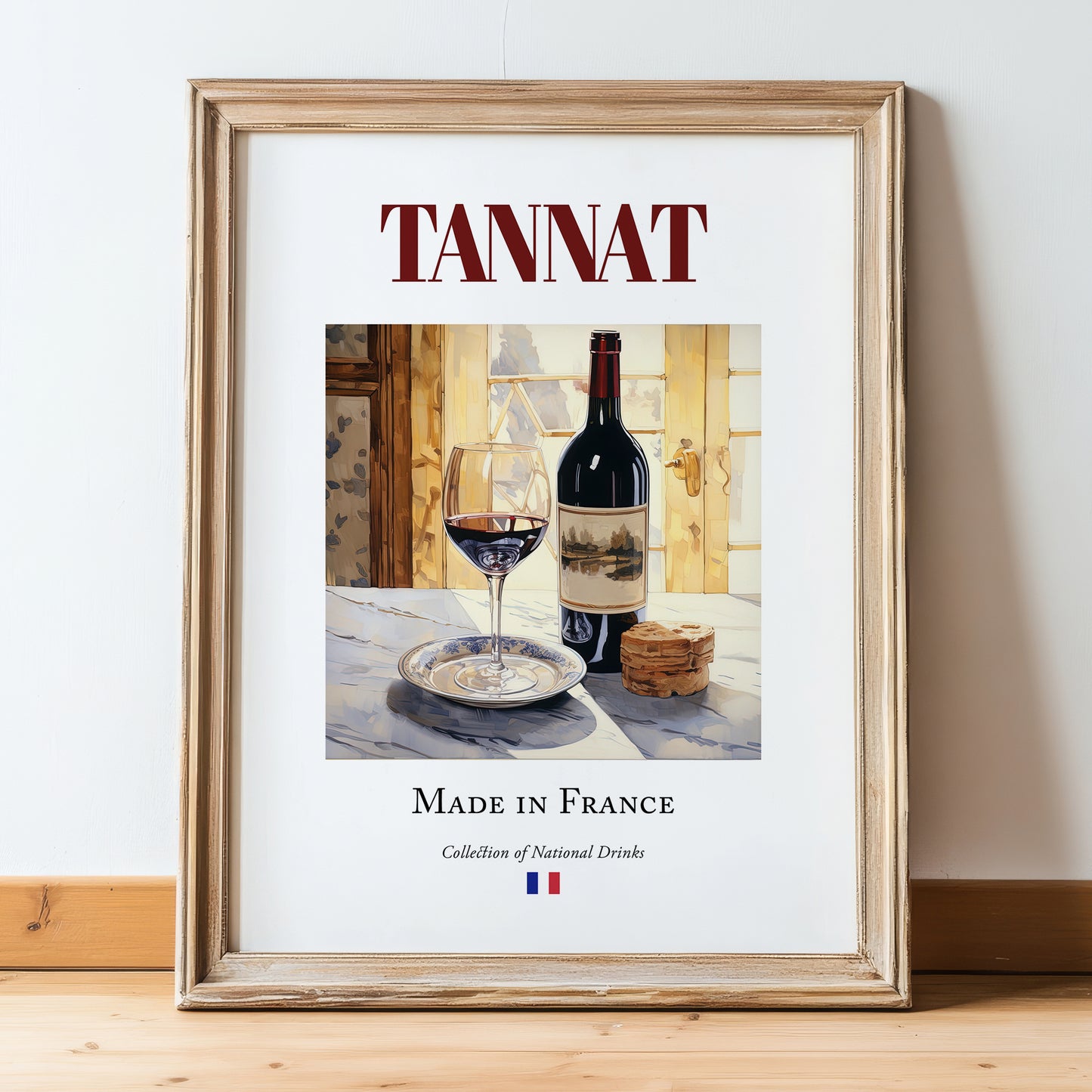 Tannat – French Red Wine, Vinoteca Illustration, in wooden frame leaning on the floor