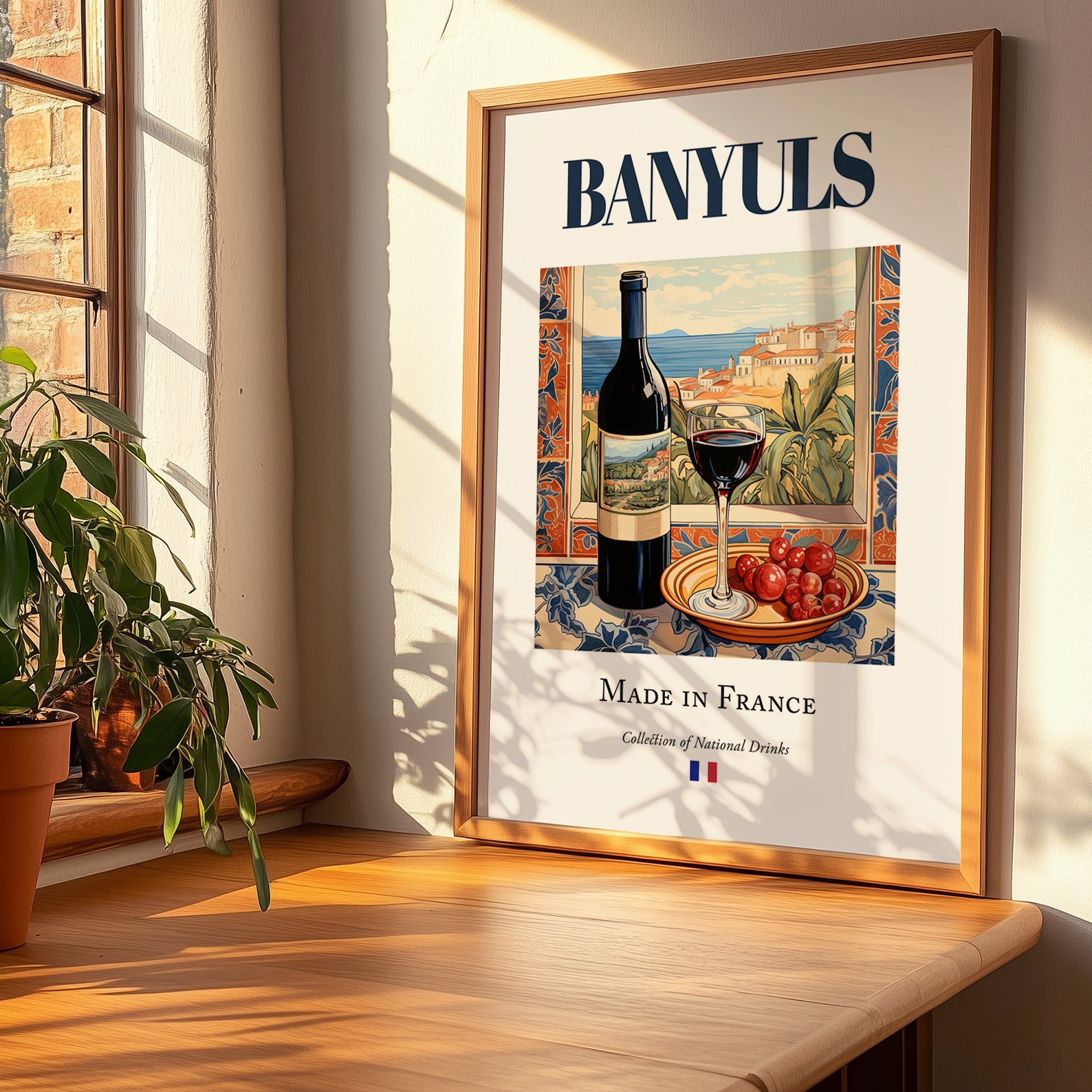 Banyuls – French Dessert Wine, Vineyard Terrace Art, no-text version framed in wood