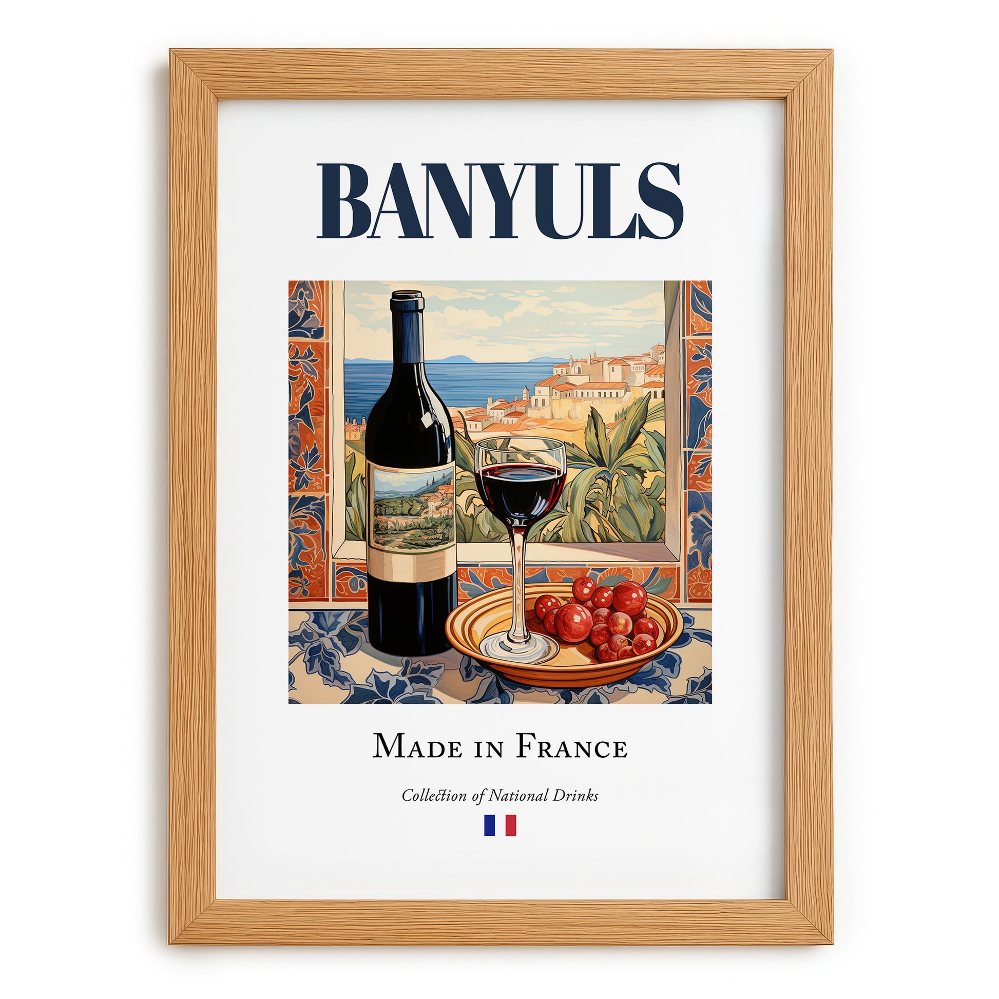 Banyuls – French Dessert Wine, Vineyard Terrace Art, set in oak frame