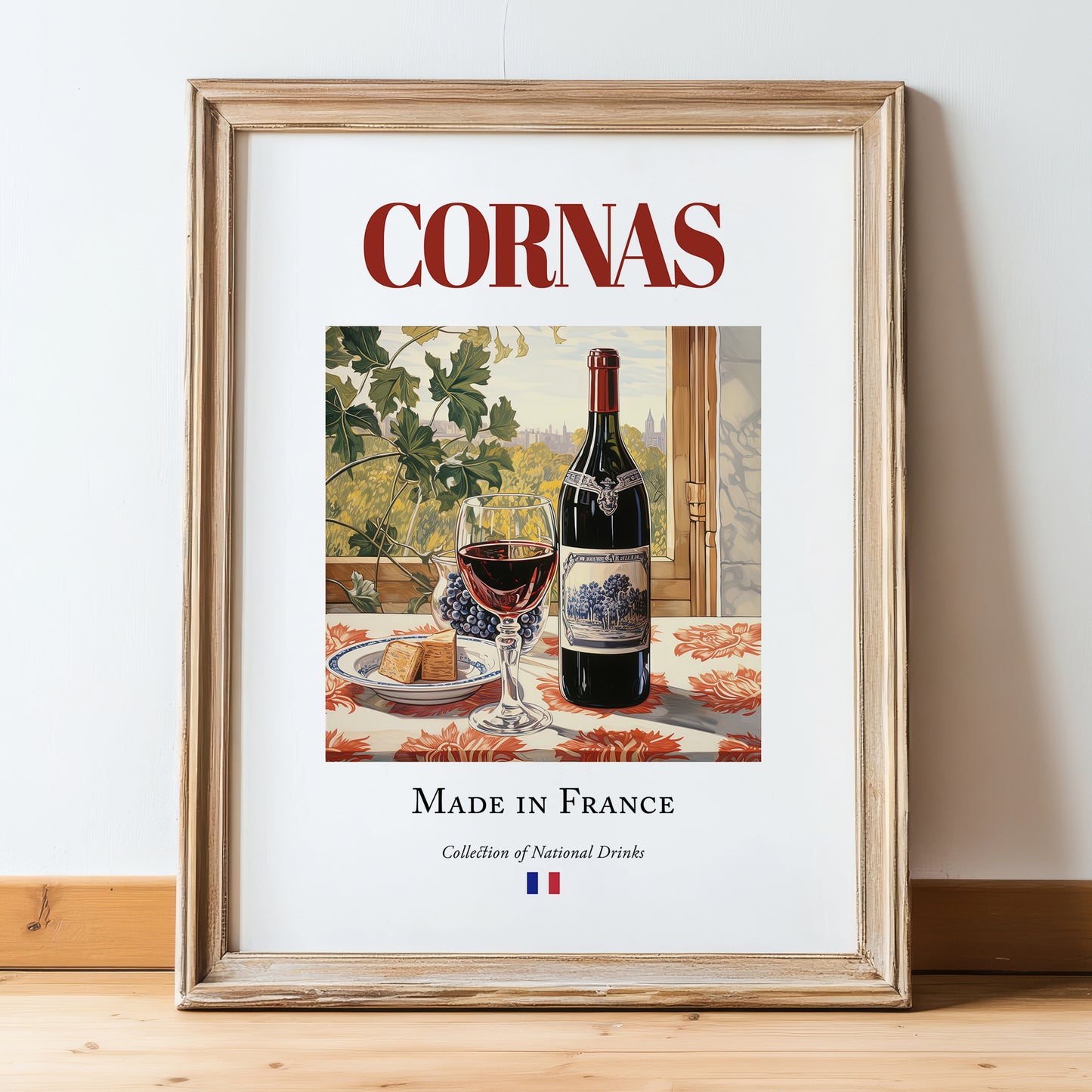 Cornas – French Red Wine, Bodega Print, in wooden frame leaning on the floor