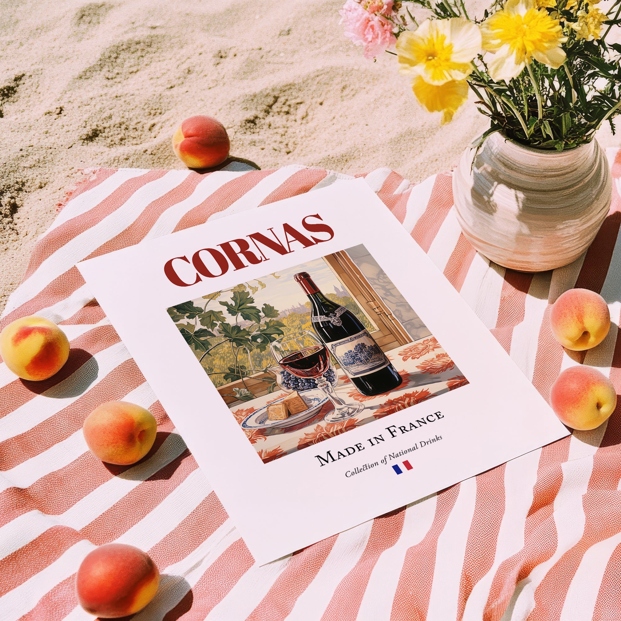 Cornas – French Red Wine, Bodega Print, unframed on coastal sand