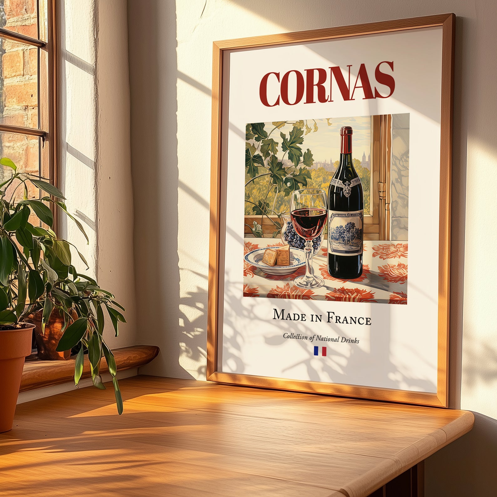 Cornas – French Red Wine, Bodega Print, no-text version framed in wood