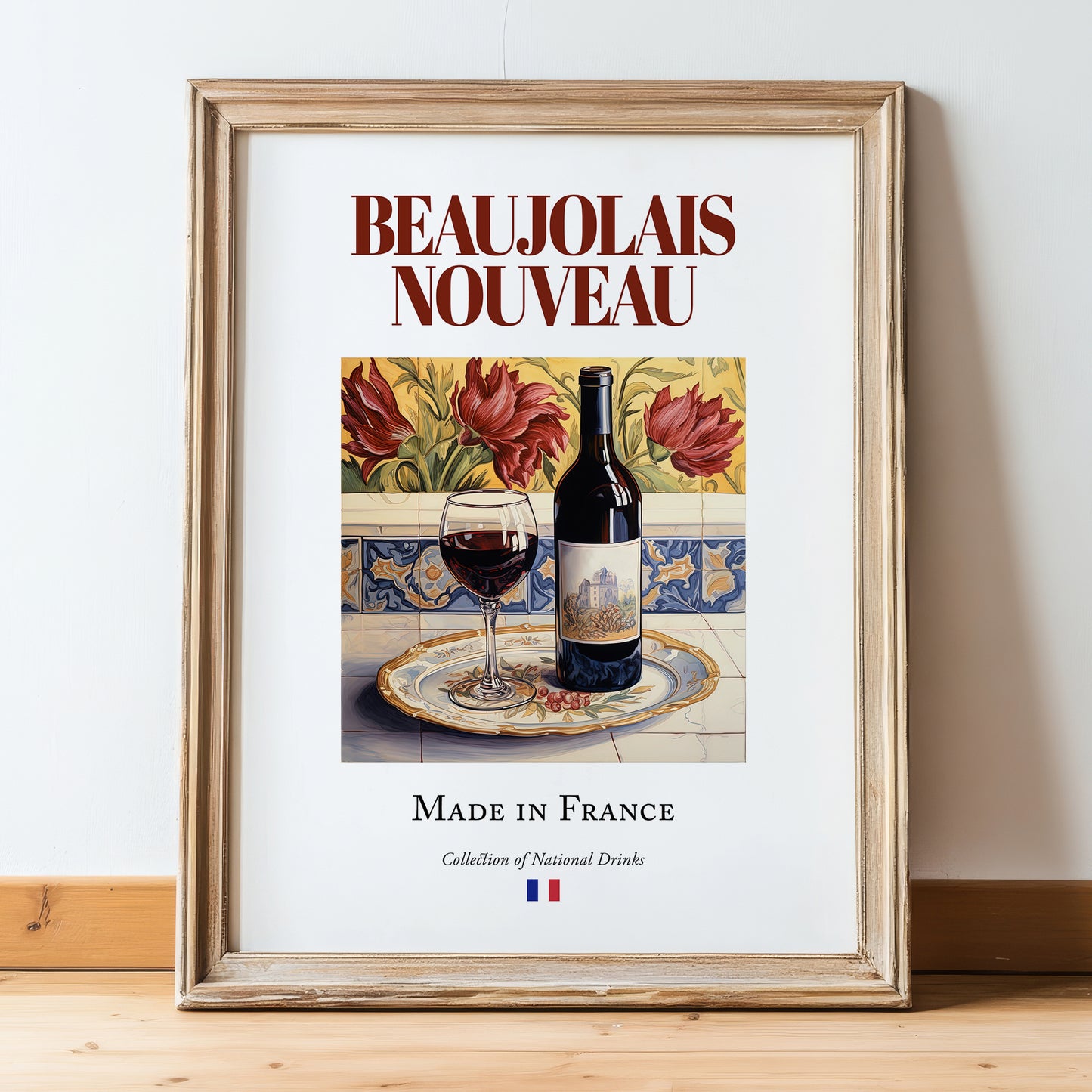 Beaujolais Nouveau – French Red Wine, Tasting Room Print, in wooden frame leaning on the floor