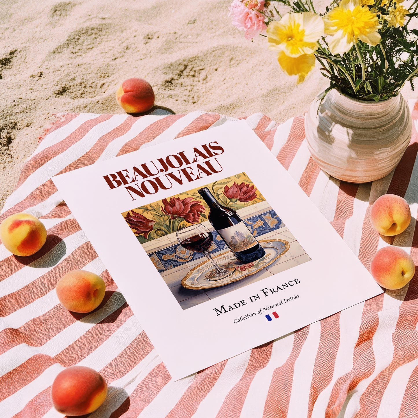 Beaujolais Nouveau – French Red Wine, Tasting Room Print, unframed on coastal sand